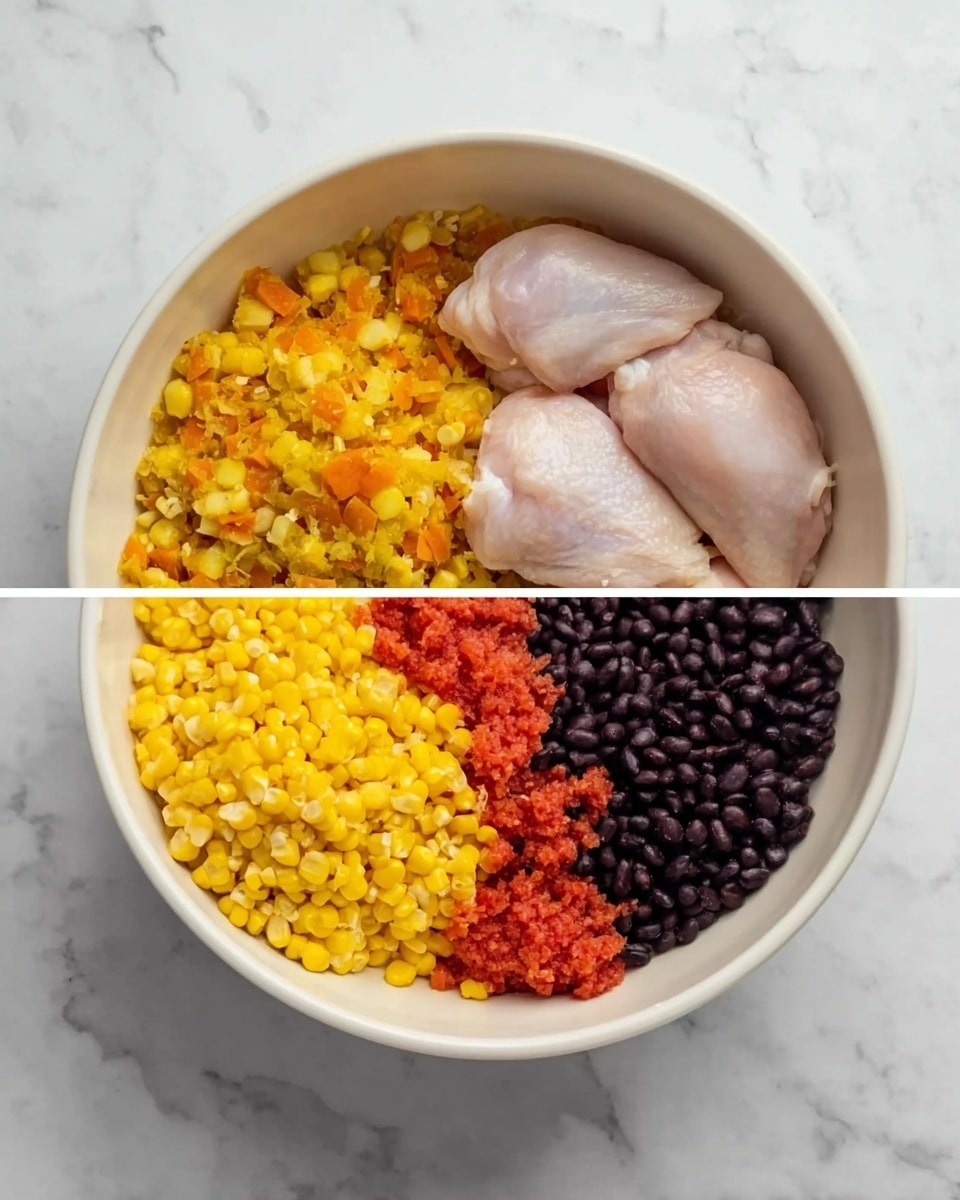 The first part shows a white bowl with small pieces of chopped yellow and orange vegetables, lightly mixed in the center on a white marbled surface. The second part shows the same white bowl with four layers: bright yellow corn filling most of the bowl, a small pile of red crushed tomatoes on the left, black beans below the tomatoes, and two light-colored raw chicken pieces placed on the right side of the bowl, all on the white marbled surface. photo taken with an iphone --ar 4:5 --v 7