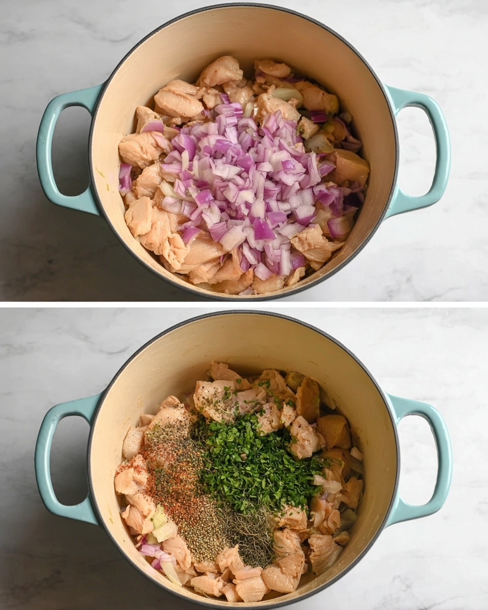 The image shows two views of a light blue pot with a cream inside, placed on a white marbled surface. In the top view, the pot is filled with small light brown cooked pieces of chicken around the edges, with a pile of finely chopped purple onions in the center. In the bottom view, the cooked chicken pieces remain but the onions are mixed in, along with a small pile of green chopped fresh herbs on one side and a sprinkle of black pepper and other spices in the center. The colors are soft with the light brown of the chicken, the pale purple of the onions, and the bright green of the herbs, all inside the round pot. Photo taken with an iphone --ar 4:5 --v 7