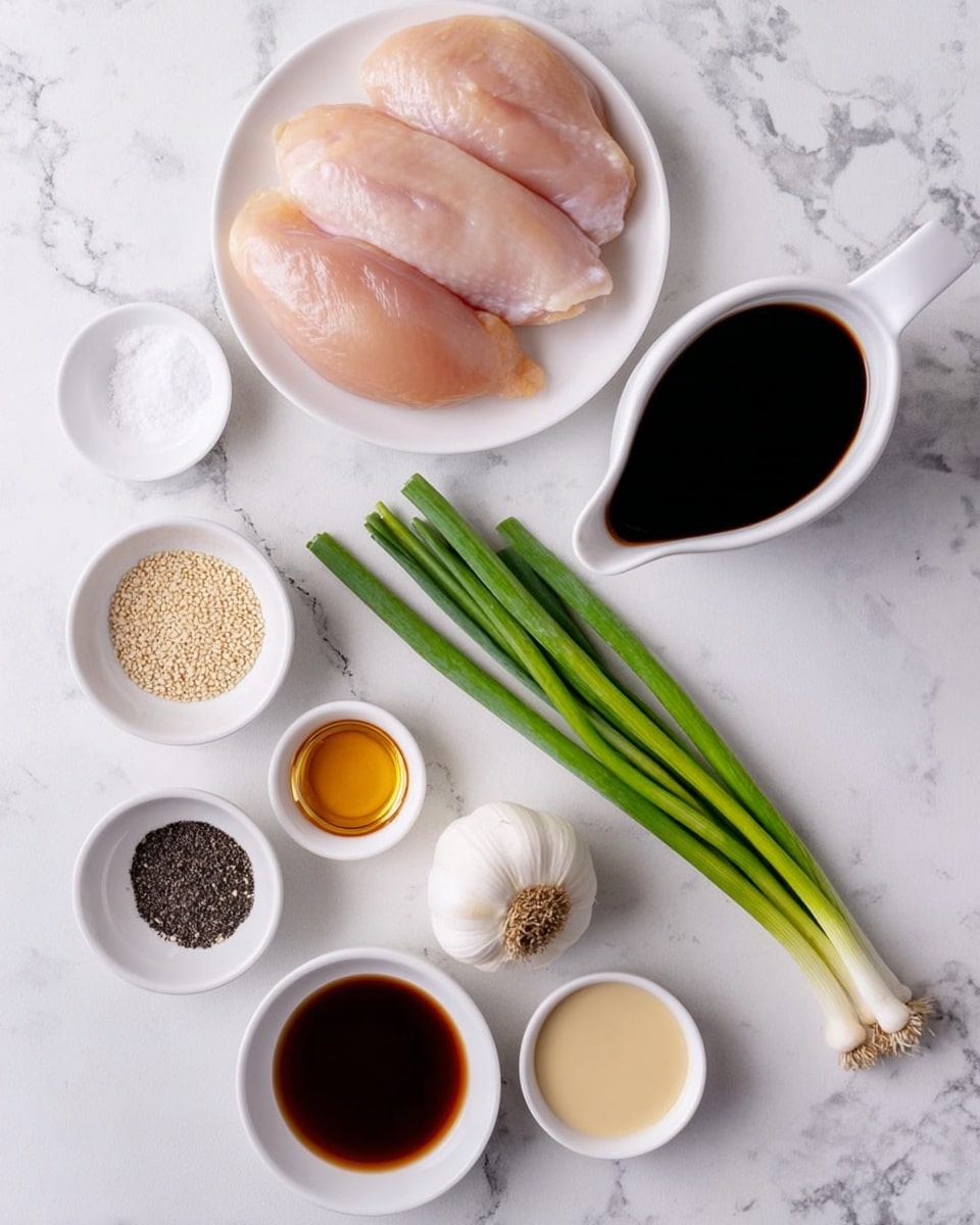 The image shows several ingredients arranged neatly on a white marbled surface. At the top left, there is a white plate holding four pieces of raw chicken, pale pink in color with smooth texture. To the right, there is a small white measuring jug filled with dark brown soy sauce, and below it, a small white bowl with golden honey. In the center, a whole white garlic bulb is placed between three long green onions with fresh green tops and white bases. Surrounding these are small white bowls containing black pepper, light tan sesame seeds, white salt, a thick dark brown sauce, a light creamy liquid, and a warm amber liquid. All ingredients are evenly spaced and clearly visible. Photo taken with an iphone --ar 4:5 --v 7