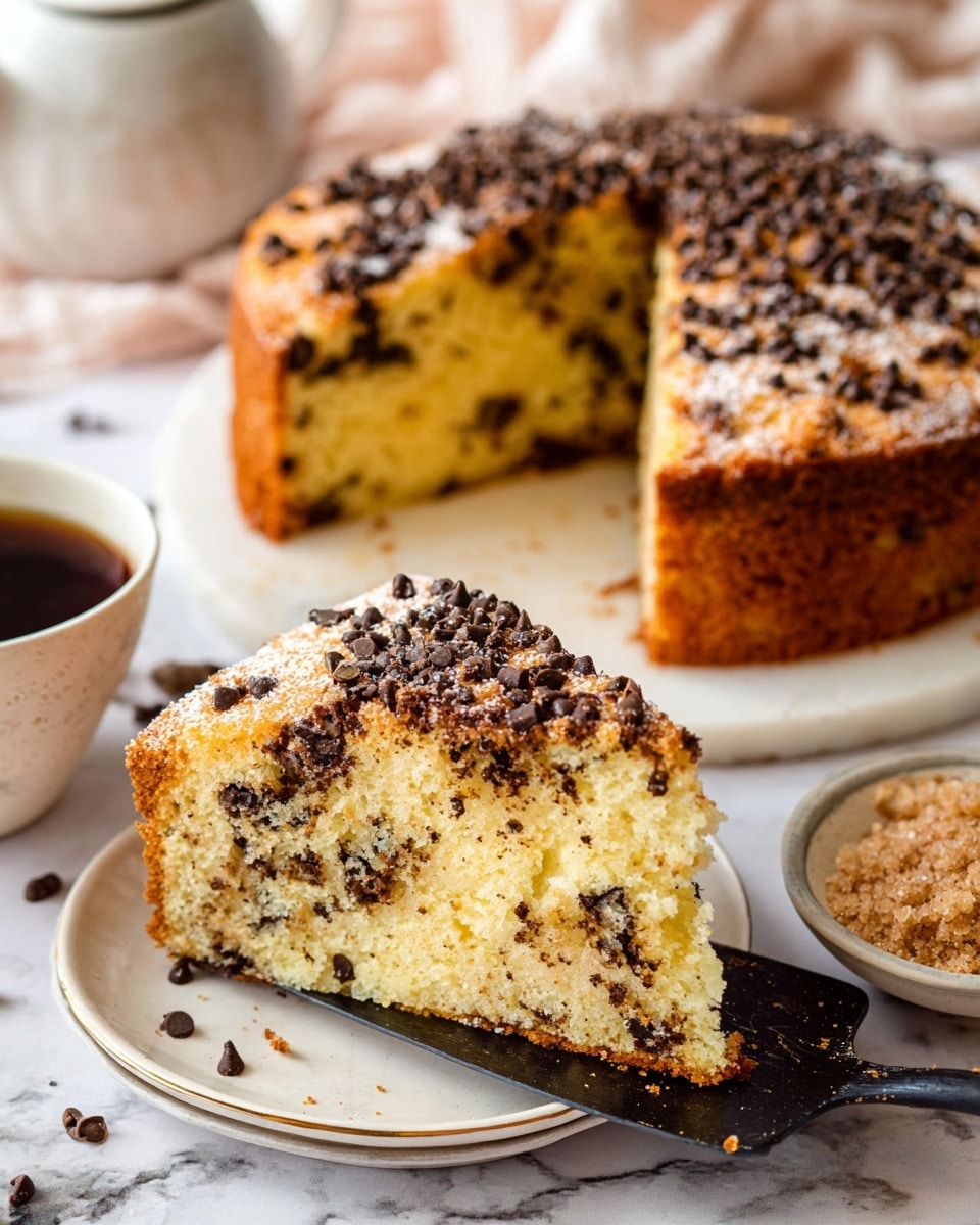 A thick slice of golden brown cake with a soft, crumbly inside is being lifted with a dark spatula. The cake shows two main layers: the light yellow inside full of small, dark chocolate bits, and the top layer sprinkled generously with chocolate chips and a light sugary crust that adds texture. The cake sits on a big white plate with more slices behind it on a white marbled surface. In the background, there is a white teacup with dark coffee and a small white bowl with brown sugar crystals. The scene has a warm and cozy feeling, perfect for a sweet snack. photo taken with an iphone --ar 4:5 --v 7