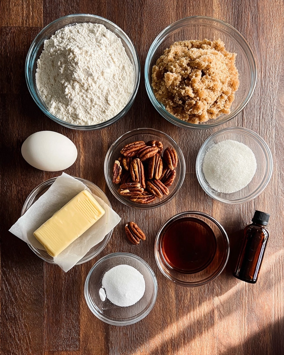 The image shows seven ingredients neatly arranged on a brown wooden surface with a soft light coming from the right side. At the top left is a clear bowl filled with white flour, next to it on the right is a similar bowl holding light brown sugar with a crumbly texture. Below the flour, there is a small clear bowl with whole pecan nuts, and in the middle center is a single white egg. To the left bottom corner, an opened stick of pale yellow butter on its white paper wrapper is placed. Below the egg, there is a clear bowl with dark amber liquid, likely maple syrup or similar, and to the right of it is a smaller clear bowl with two small piles of white powder, probably baking soda and salt. On the bottom right corner is a small dark brown bottle with a dropper top. The overall scene is calm and organized with no distractions, photo taken with an iphone --ar 4:5 --v 7