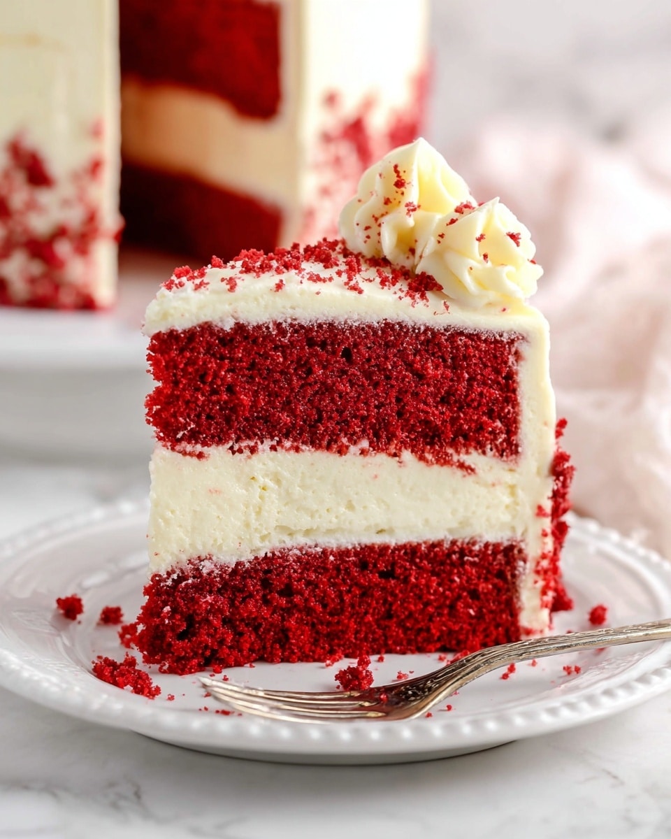 A three-layer cake slice sits on a white plate with a detailed edge. The bottom and top layers are bright red, spongy cake, while the middle layer is a creamy white cheesecake. Thin white frosting layers separate each cake and cheesecake layer. The top of the slice has a smooth white frosting with small red cake crumbs sprinkled on it and a small swirl of frosting near the edge. Red cake crumbs are also visible on the plate around the slice. The background surface has a white marbled texture, and there is a woman's hand holding a fork near the plate. In the blurred background, part of the whole cake with a white frosting and red cake crumb decoration is visible. photo taken with an iphone --ar 4:5 --v 7