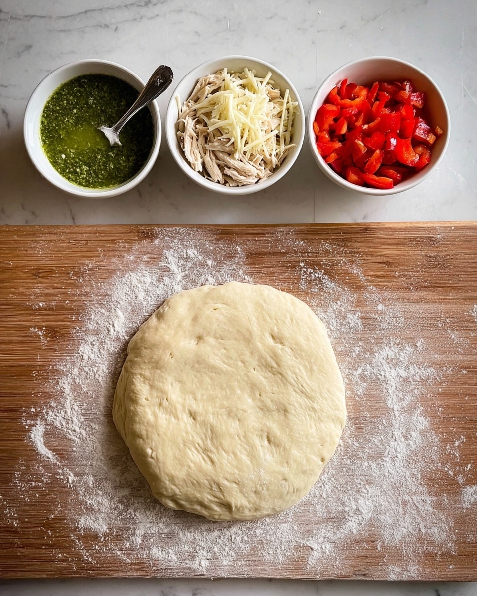 The image shows a round pizza dough placed in the middle of a wooden board dusted with flour. Above the board, four small white bowls line up on a white marbled surface. From left to right, the first bowl contains green pesto sauce with a spoon resting inside, the second bowl has shredded white cheese, the third bowl holds shredded light brown cooked chicken, and the fourth bowl is filled with red bell pepper pieces. photo taken with an iphone --ar 4:5 --v 7