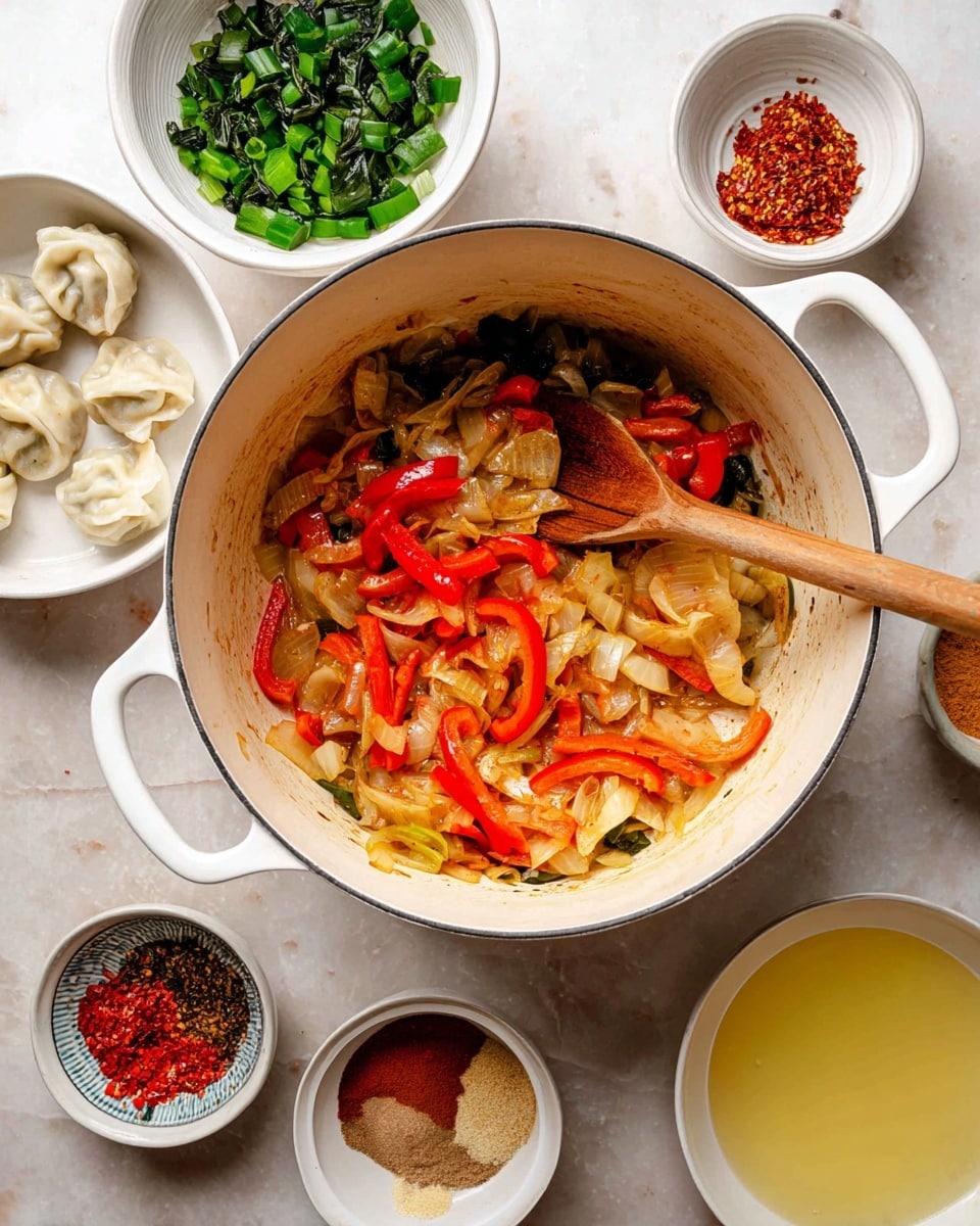 A large white enameled pot with two handles contains cooked sliced red bell peppers and diced onions that are soft and slightly browned, along with a wooden spoon resting inside the pot with some onions on it. Surrounding the pot on a white marbled surface are several white bowls: one with green chopped leafy vegetables, one with dumplings, one with red chili paste, one with minced garlic, one with brown sugar, one with chili flakes in oil, and one with a light yellow liquid. Photo taken with an iphone --ar 4:5 --v 7