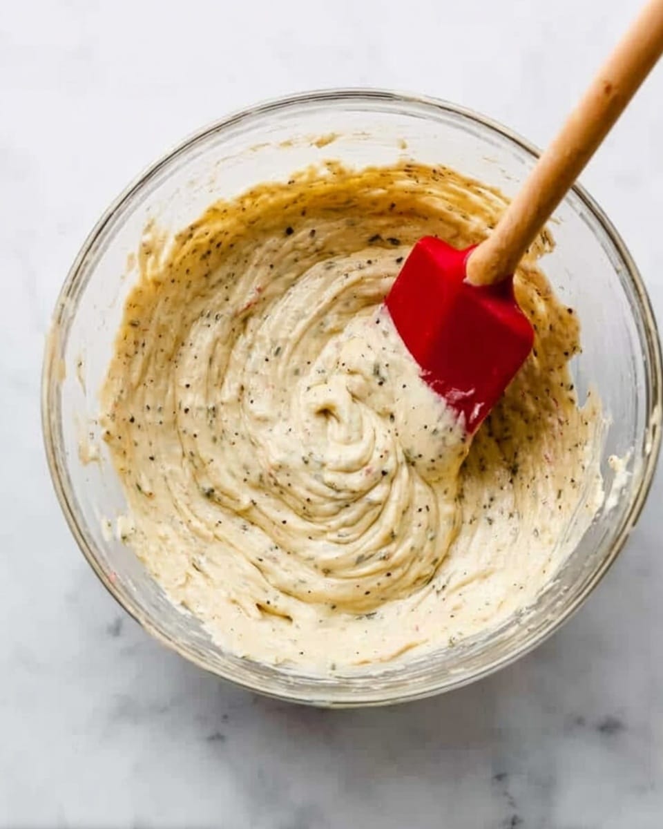 Inside a clear glass bowl placed on a white marbled surface, there is a thick, creamy batter with visible small black and green specks evenly mixed throughout. A red spatula with a wooden handle is partially soaked in the batter, positioned upright on the right side of the bowl, showing a smooth, slightly swirled texture. The batter has a pale yellow tone with a consistent spread across the bottom of the bowl. Photo taken with an iphone --ar 4:5 --v 7