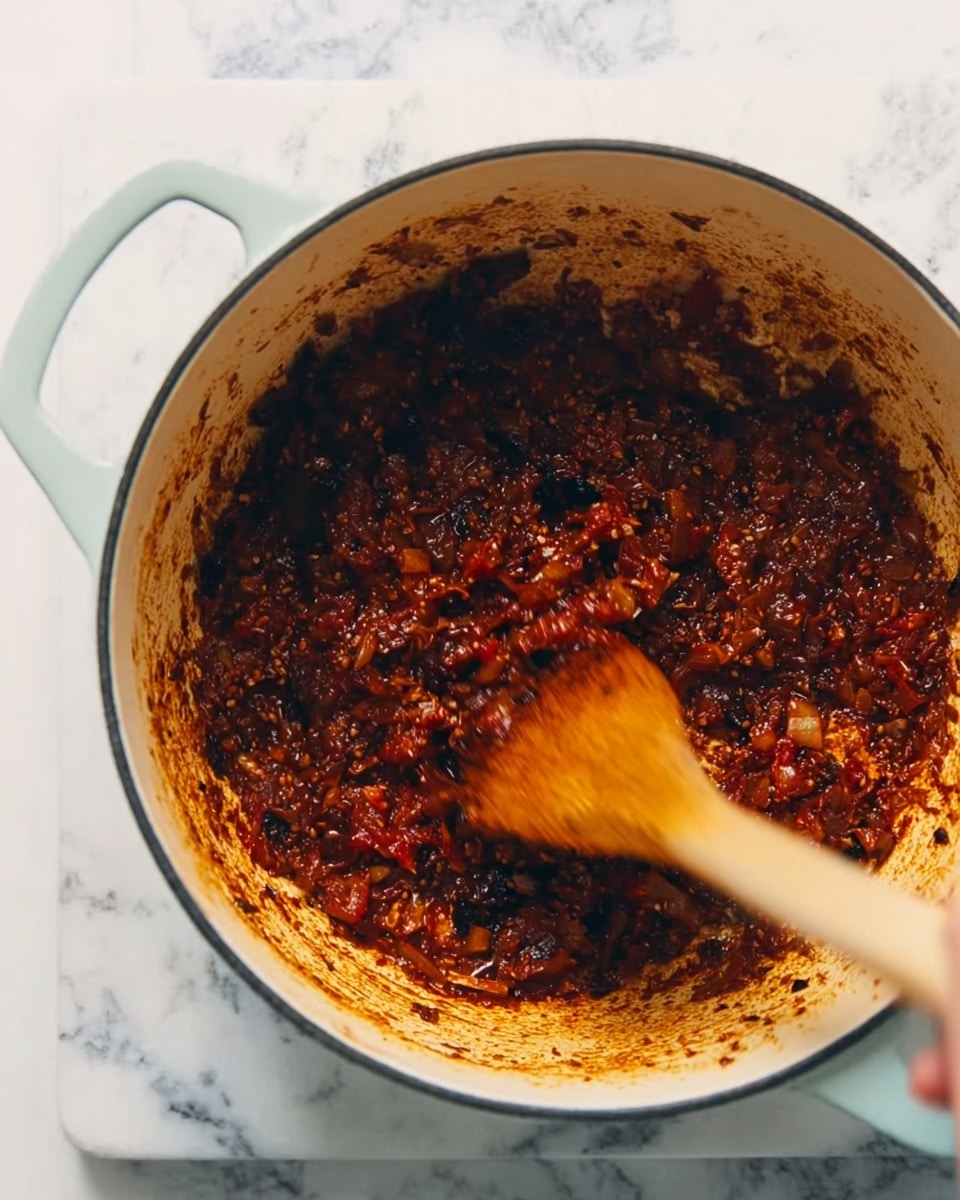 A white pot filled with a dark red and brown chunky mixture of cooked tomatoes and onions, with some pieces showing a soft texture and a few small caramelized bits sticking to the pot's side. A wooden spatula stirs the mixture, held by a woman's hand, creating motion blur. The pot rests on a white marbled surface, adding contrast to the rich colors inside the pot. The overall scene shows the cooking process with a warm and rustic feel. photo taken with an iphone --ar 4:5 --v 7