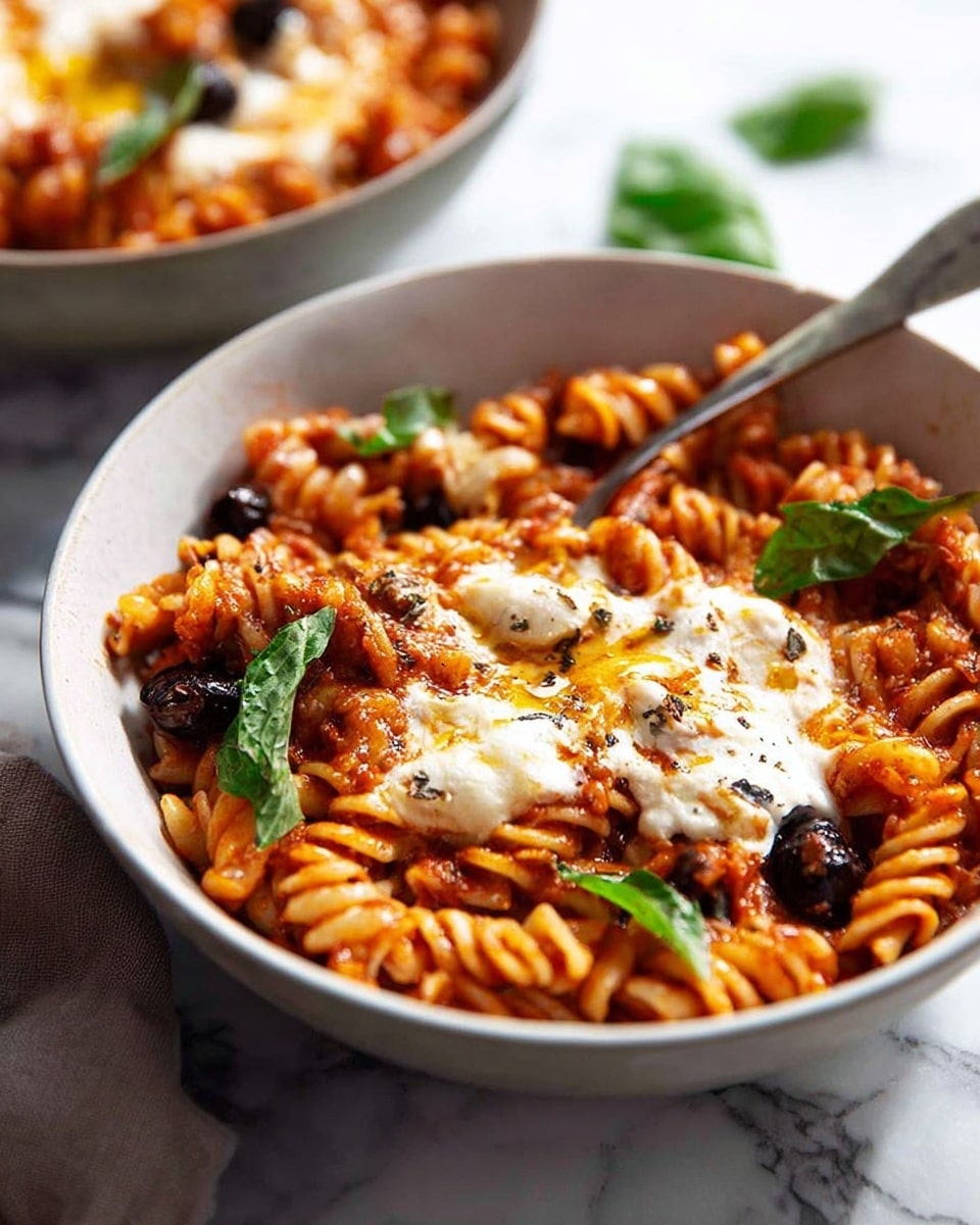 A bowl filled with spiral pasta layered in a rich orange-red tomato sauce with visible chunks of dark olives. On top, melted white cheese is spread unevenly, melted into the sauce with some areas showing a light drizzle of olive oil and sprinkling of black pepper. Fresh green basil leaves are placed on top for color. The bowl is white and rests on a white marbled surface. A fork is placed inside the bowl, and in the background, another bowl with the same dish is slightly blurred. Photo taken with an iphone --ar 4:5 --v 7