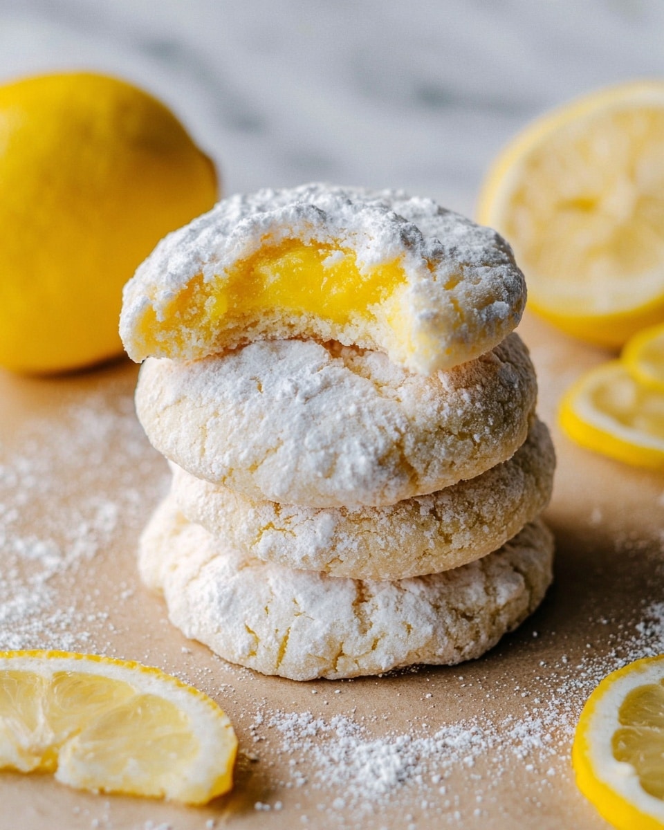 A stack of three round lemon cookies are shown on a light brown surface dusted with white powdered sugar. Each cookie has a thick, soft-looking yellow center, surrounded by a white, powdery, rough-textured outer edge. One cookie on top has a small bite taken from it, revealing the soft inside. Around the cookies are scattered powdered sugar and two lemon halves with bright yellow skin and pale yellow flesh. The background is a white marbled texture. photo taken with an iphone --ar 4:5 --v 7
