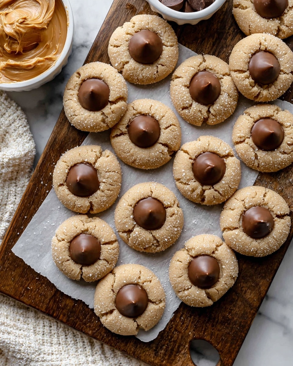 A dozen round peanut butter cookies arranged on white parchment paper placed on a dark wooden board; each cookie is light golden brown with visible sugar crystals on the surface and small cracks, topped in the center with a smooth, shiny, dark milk chocolate kiss making one layer of light tan cookie with a darker brown chocolate peak on top; the board rests on a white marbled surface with a textured white cloth partly visible around it; a small white bowl filled with peanut butter and a part of a white bowl with more dark milk chocolates are visible near the edges. Photo taken with an iphone --ar 4:5 --v 7