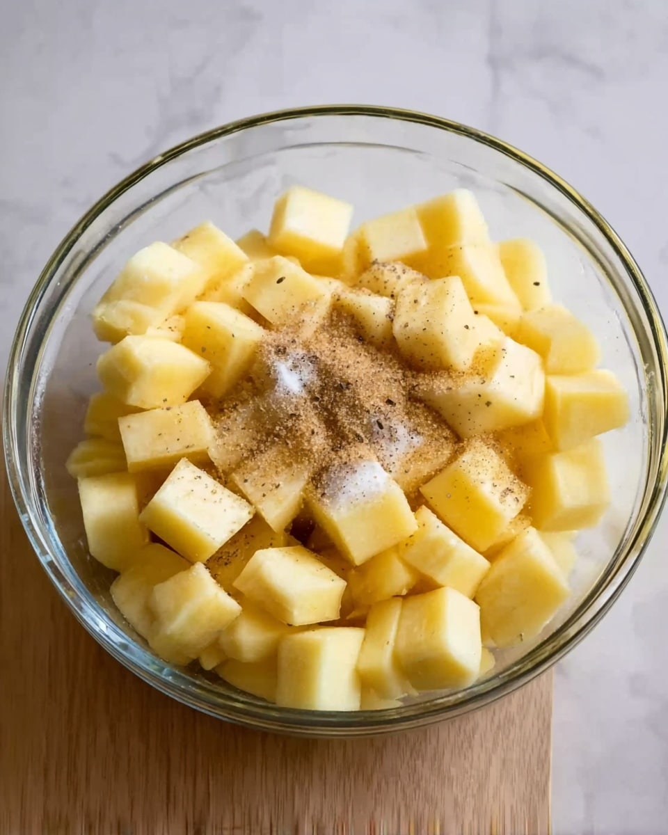 A clear glass bowl filled with many small yellow potato cubes. On top of the potatoes, there are scattered granular light brown sugar, coarse white salt, and a little black pepper. The bowl is set on a white marbled surface. Photo taken with an iphone --ar 4:5 --v 7