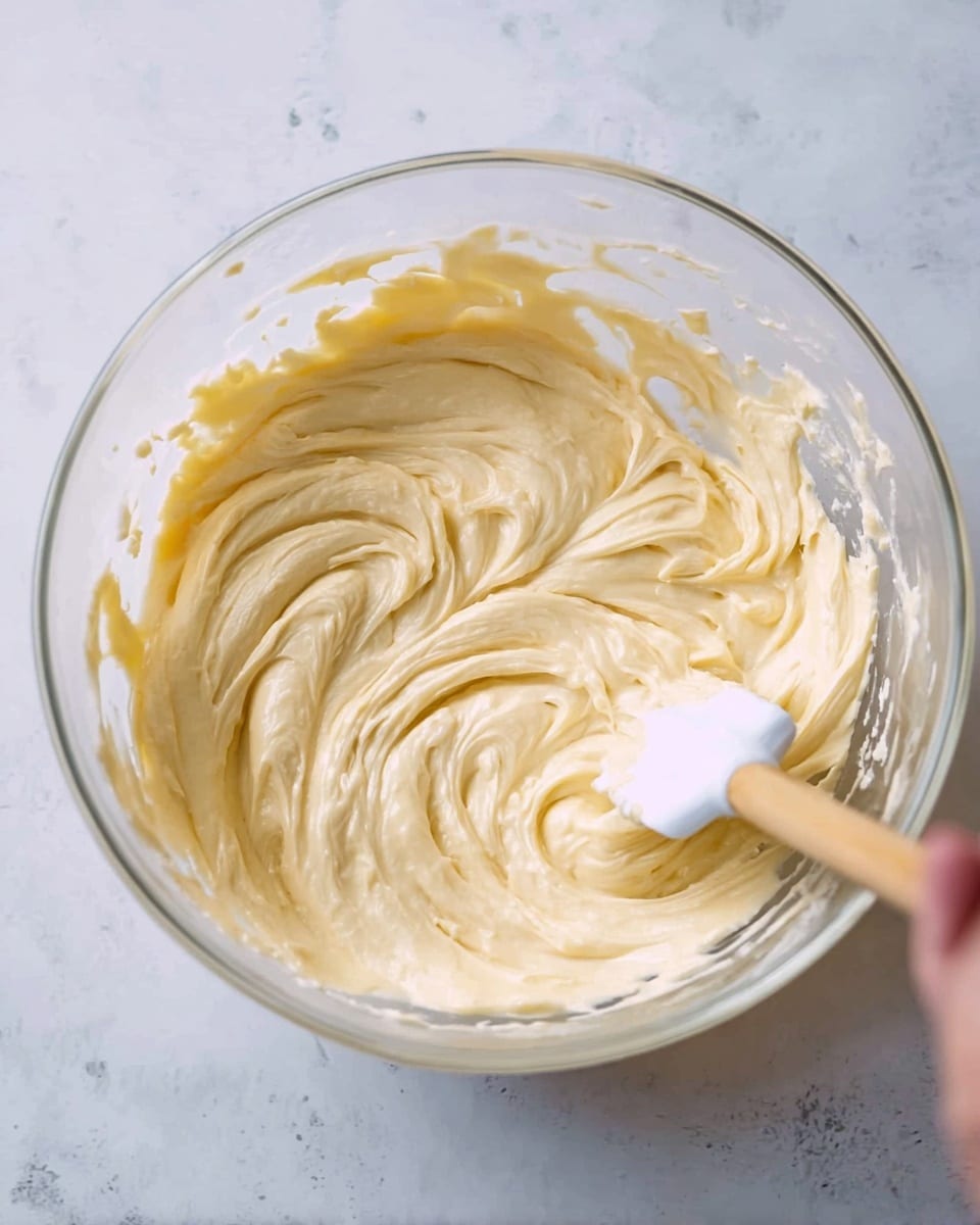 A clear glass bowl filled with smooth, creamy, pale yellow batter, swirled around with a white spatula showing soft, thick texture with slight peaks and folds. The batter is thick enough to hold soft waves, and the clear bowl sits on a white marbled surface. The wooden handle of the spatula is partially visible, held by a woman's hand, mixing gently inside the bowl photo taken with an iphone --ar 4:5 --v 7