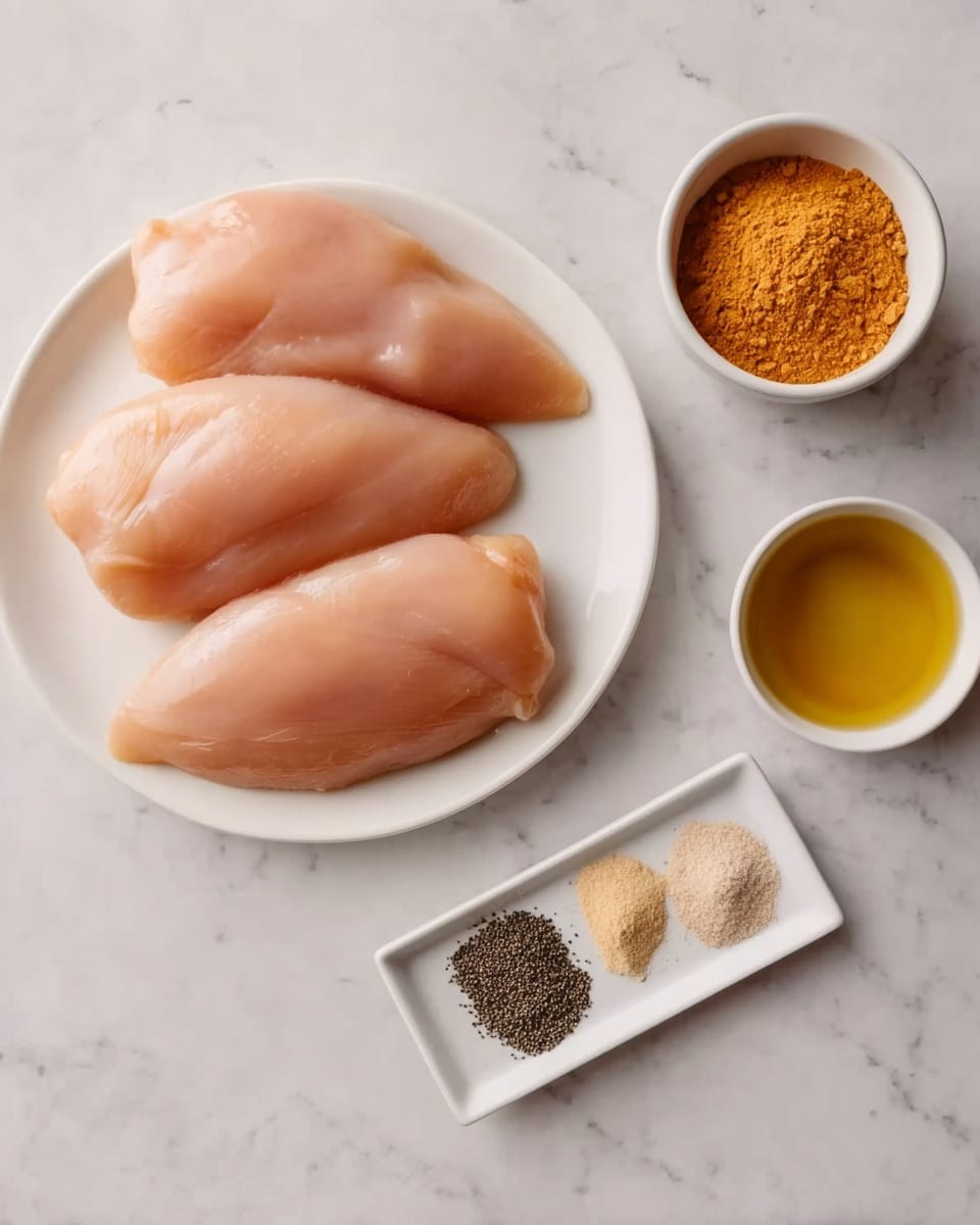 The image shows a white plate with four raw chicken breasts that are smooth and pinkish in color, placed on a white marbled surface. To the right of the plate, there are two small white bowls; the top bowl contains a fine, orange-colored powder, and the lower bowl holds a golden-yellow liquid. Below the plate, there is a small white dish with three different powders arranged in small piles: two black pepper piles and one light beige powder pile. Photo taken with an iphone --ar 4:5 --v 7