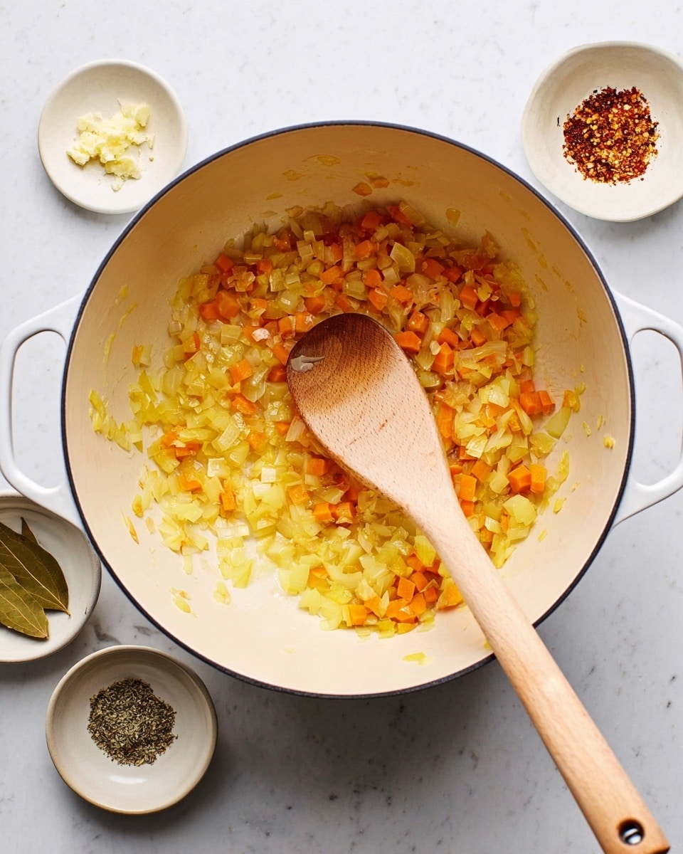 Inside a large white pot, there is one layer of cooked vegetables, mostly small chopped yellow onions and orange carrots, softened and mixed together with oil. A wooden spoon with a pale handle rests inside the pot, partially covering the vegetables. Around the pot on a white marbled surface, there are small white dishes holding different spices: one with minced garlic, one with chili flakes, one with a bay leaf, and one with dried herbs. The scene is bright and clean, showing a simple cooking preparation photo taken with an iphone --ar 4:5 --v 7