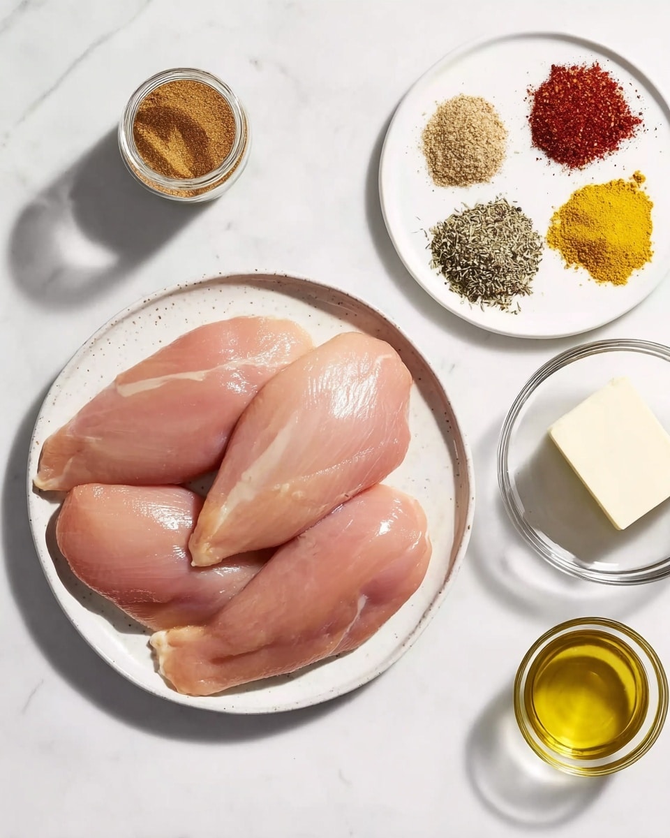 A white round plate sits on a white marbled surface, holding four raw chicken fillets arranged in a loose pile with two on top and two underneath, showing smooth, light pink skin with some natural lines. To the upper left of the plate is a small open jar filled with a brown spice mix, while to the upper right is a white plate with six separate piles of colorful spices including yellow, pale beige, red, black, and greenish herbs, all arranged in a circular pattern. Below the spice plate, there is a small clear glass bowl with a square piece of butter, and beside it is another clear bowl filled with golden olive oil. The lighting is bright and clean, highlighting the fresh, raw ingredients. photo taken with an iphone --ar 4:5 --v 7