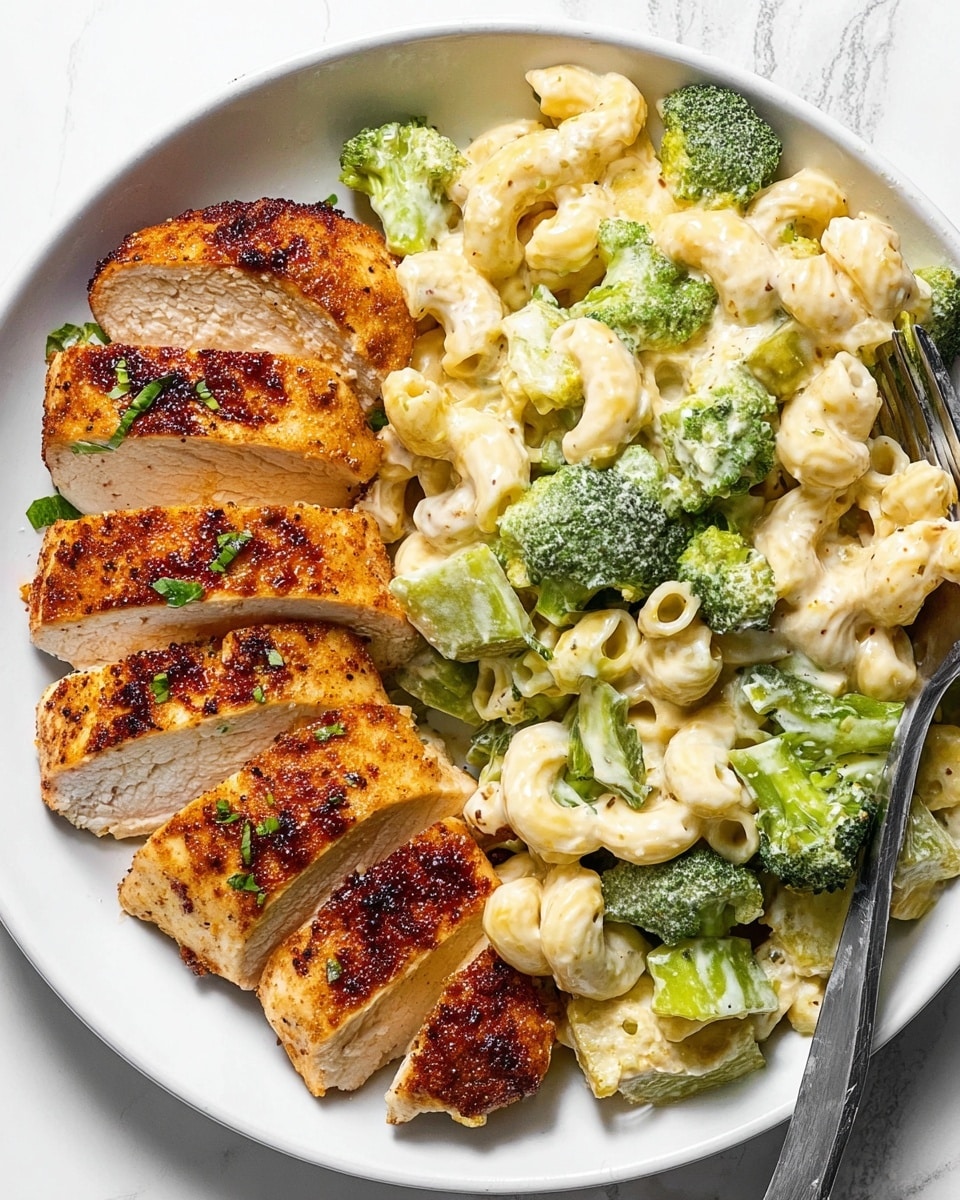 A white plate holds two main parts: on the left are five thick slices of golden-brown cooked chicken with a slightly crispy edge and small green herb bits sprinkled on top, showing a white and juicy inside. On the right side, there is creamy macaroni mixed with bright green broccoli florets and stalks, all coated in a smooth white sauce. A silver fork is partially inserted into the macaroni and broccoli on the right edge of the plate. The plate is set on a white marbled surface. photo taken with an iphone --ar 4:5 --v 7