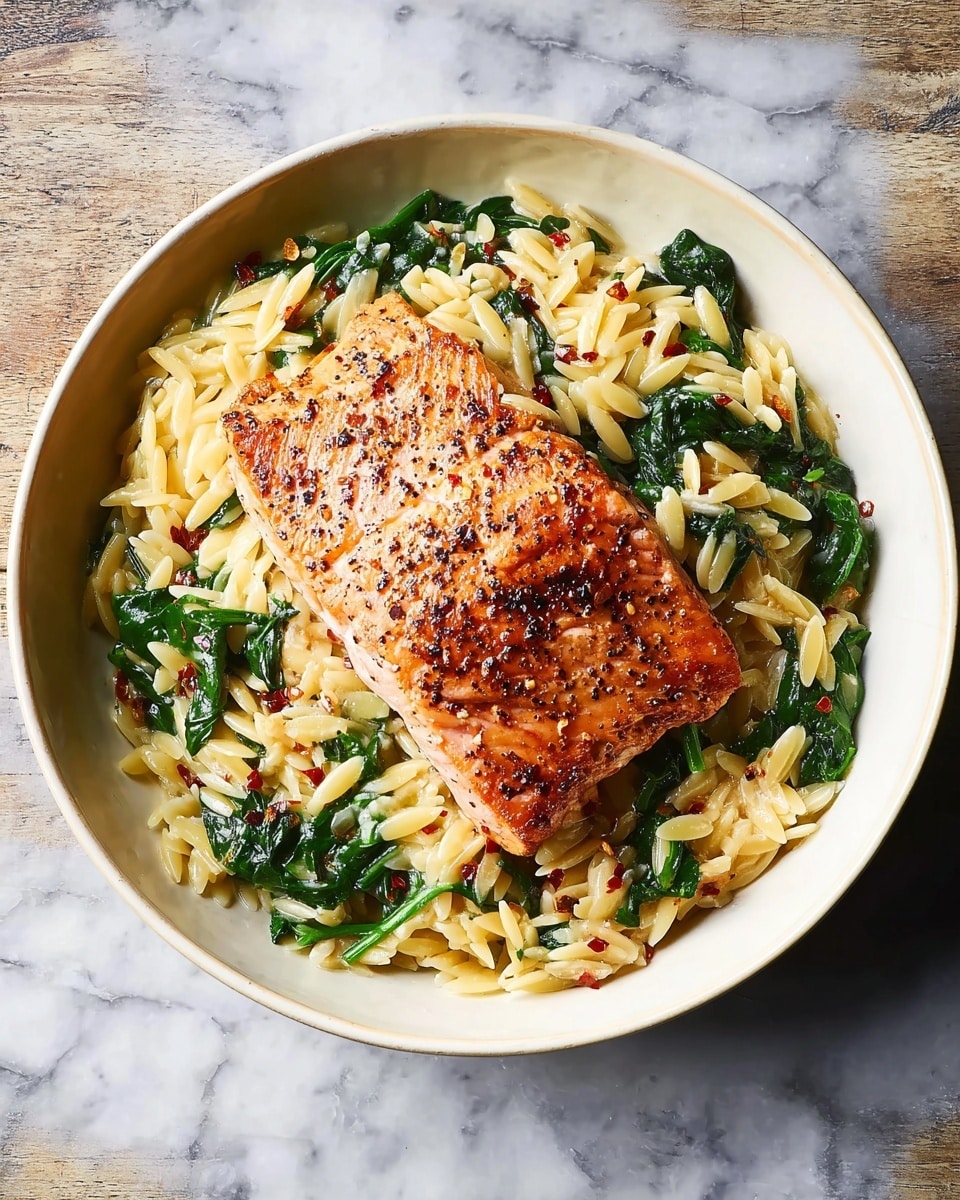A white bowl filled with two main layers: the bottom layer is creamy orzo pasta mixed with wilted green spinach leaves and sprinkled with red pepper flakes, showing a mix of yellow and green colors with a soft texture; the top layer is a piece of golden-brown, seared salmon fillet with visible black pepper and spices, slightly crispy on the outside and moist inside, placed in the center of the pasta. The bowl sits on a white marbled surface. photo taken with an iphone --ar 4:5 --v 7