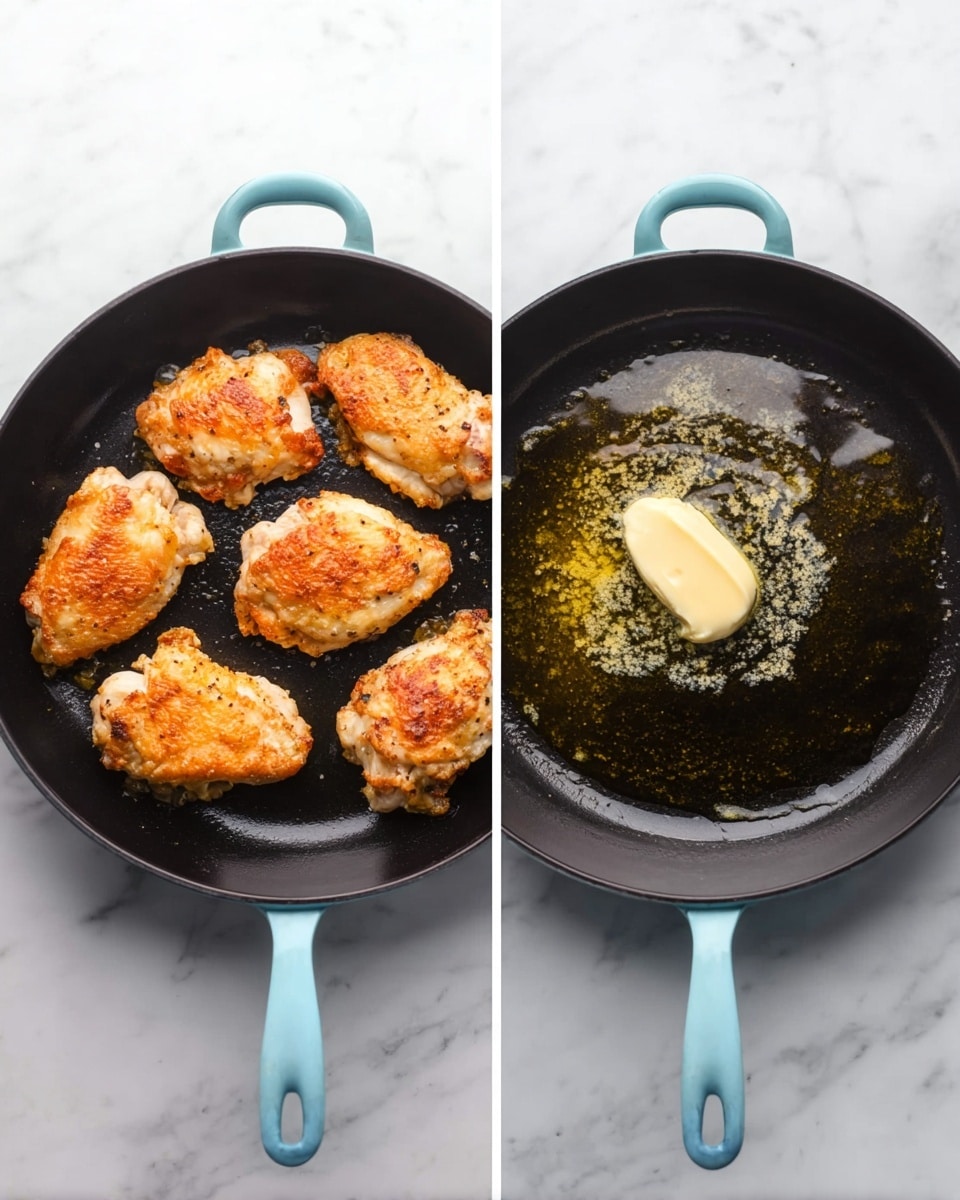 The image side by side shows two black cast iron pans with light blue handles on a white marbled surface. The left pan has four cooked golden brown chicken pieces with a crispy texture laying flat and spaced apart inside the pan. The right pan is empty except for a small dollop of creamy butter melting in the center, surrounded by a thin layer of oil with a slight shimmer on the pan's surface. photo taken with an iphone --ar 4:5 --v 7