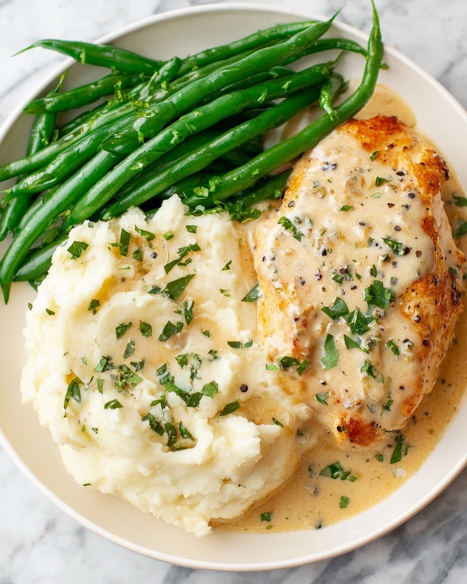 The dish shows a white plate holding three main parts: bright green steamed green beans on the left, creamy white mashed potatoes with small specks of black pepper and green herbs along the bottom and left, and a piece of golden-brown cooked chicken on the right topped with a light beige creamy sauce dotted with green herbs and black pepper. The sauce also spreads lightly over the mashed potatoes and chicken, adding a smooth, glossy texture. The plate rests on a white marbled surface. Photo taken with an iphone --ar 4:5 --v 7