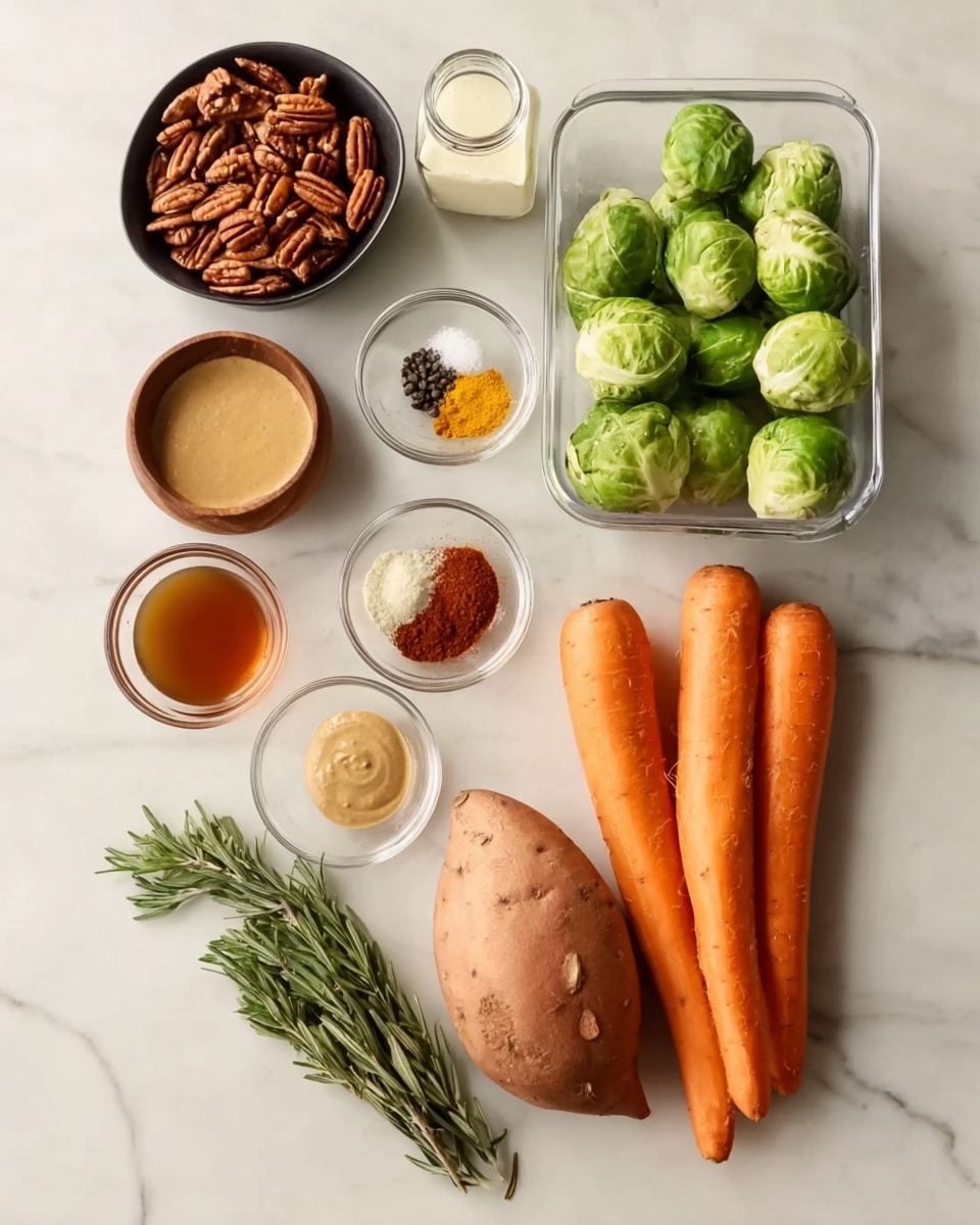 The image shows various ingredients arranged neatly on a white marbled surface. In the center, there is a small wooden bowl with different spices including a reddish-brown powder, a yellow powder, black pepper, and white salt. To the right, there are four whole bright orange carrots and a whole light brown sweet potato. Above the carrots, there is a clear plastic container holding several green Brussels sprouts, some halved to reveal their inner layers. On the left side, there is a small black bowl full of pecans. Above the pecans, there is a bundle of fresh green rosemary sprigs. Near the top center, three small clear glass bowls hold creamy beige tahini, light brown mustard, and a thick amber liquid, likely honey or syrup. At the top left corner, there is a clear glass jar with a silver lid, likely containing a white or light-colored powder. Everything is evenly spaced and the background is clean and white marbled. photo taken with an iphone --ar 4:5 --v 7