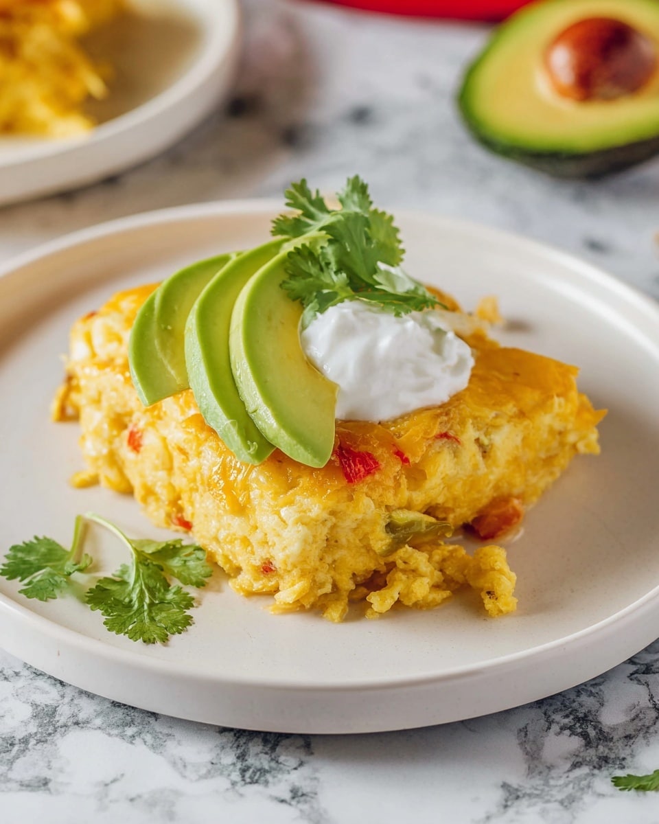 The dish shows two thick yellow layers of cooked cheesy egg with visible bits of red pepper and herbs giving some texture and color. On top, there is a dollop of white sour cream, and three slices of green avocado are laid over it. A small sprig of fresh green cilantro sits on the edge of the white plate. The background is a white marbled surface with an avocado half blurred in the top right. The photo was taken with an iphone --ar 4:5 --v 7