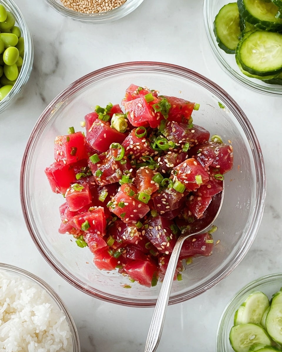 A clear glass bowl filled with bright red and deep pink cubes of raw fish mixed with small chopped green onions and sprinkled with light tan sesame seeds, with a silver spoon resting inside the bowl on the right side. Surrounding the bowl are smaller clear glass bowls containing light green fava beans at the top, thinly sliced green cucumbers on the bottom left, and white rice on the bottom right. All are placed on a white marbled surface. photo taken with an iphone --ar 4:5 --v 7