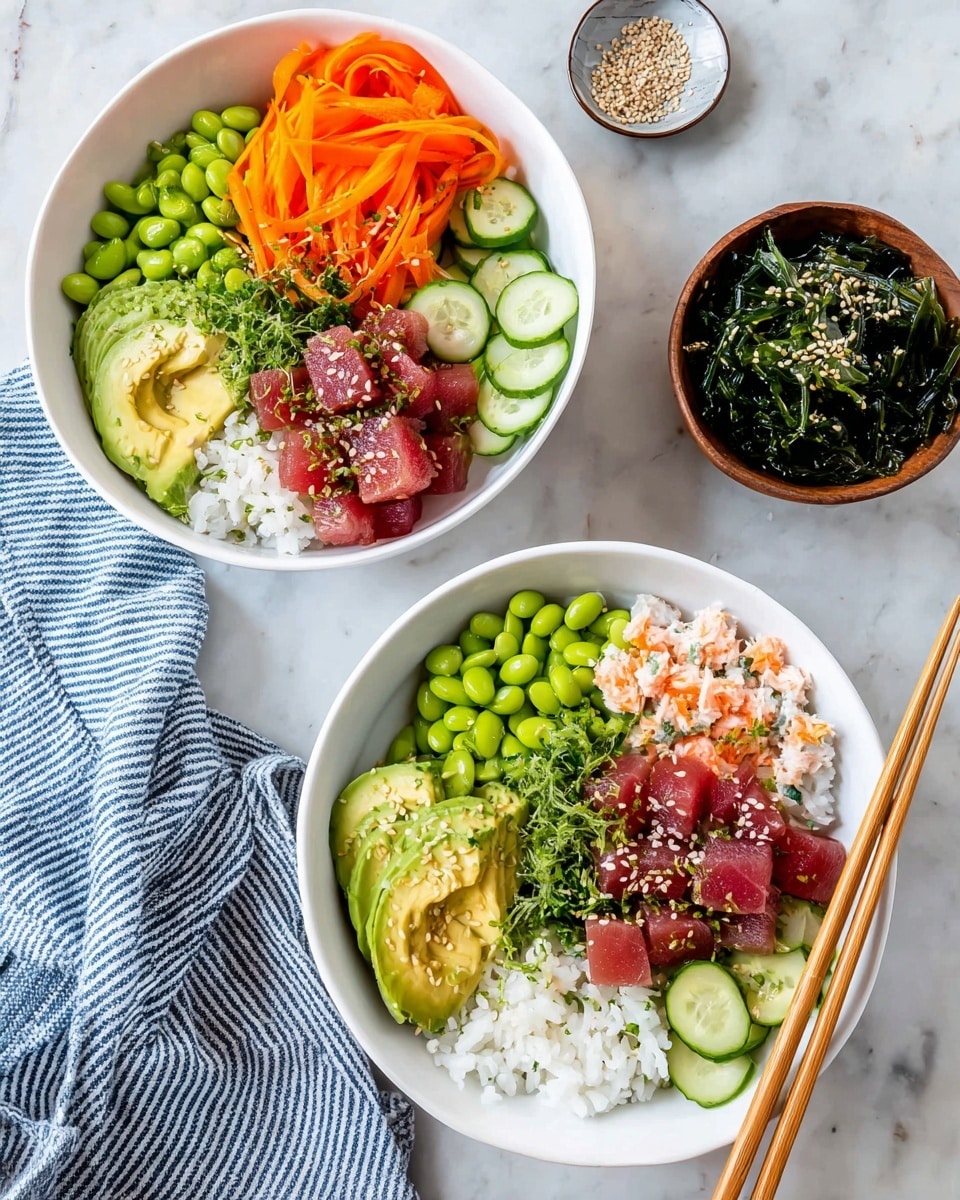 Two white bowls sit on a white marbled surface, each filled with a colorful poke dish. Each bowl has five main layers: at the bottom, white rice forms the base and is topped with small bits of crab meat on one side; next to the rice is sliced green avocado arranged neatly. On the top side, there are bright orange thinly sliced carrot strips in one bowl and fresh green edamame beans in the other. Dark red tuna cubes are placed in the center, sprinkled with sesame seeds and green seasoning. Thin green cucumber slices are placed alongside the rice and carrots. A pair of wooden chopsticks rests beside each bowl, and a blue and white striped cloth is positioned near the top left, with a small wooden bowl of dark green seaweed salad garnished with sesame seeds also on the surface. Photo taken with an iphone --ar 4:5 --v 7