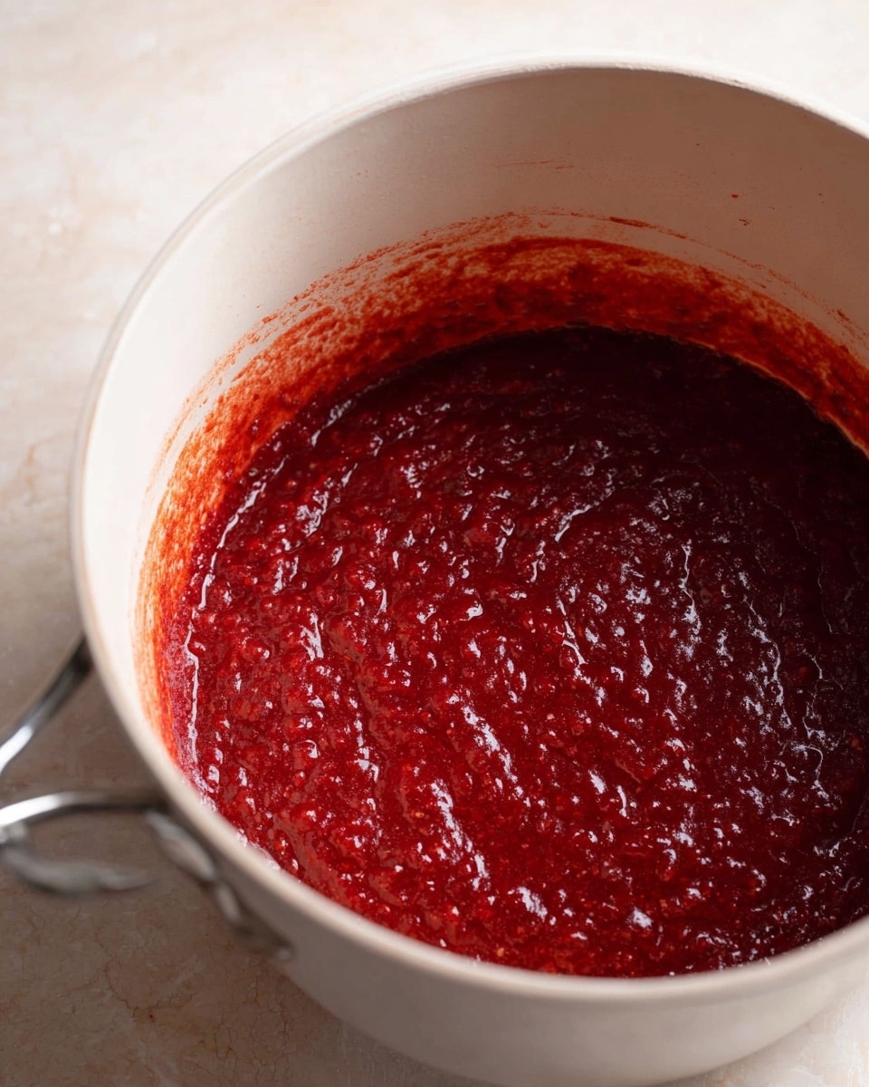 A close-up view inside a white pot filled with a thick, deep red sauce or mixture that has a slightly lumpy and shiny texture, sitting on a white marbled surface. The inner edge of the pot shows some smears of the red sauce, and the pot has a small metal handle visible at the front. The rich red mixture fills most of the pot, creating a dense and vibrant layer. Photo taken with an iphone --ar 4:5 --v 7