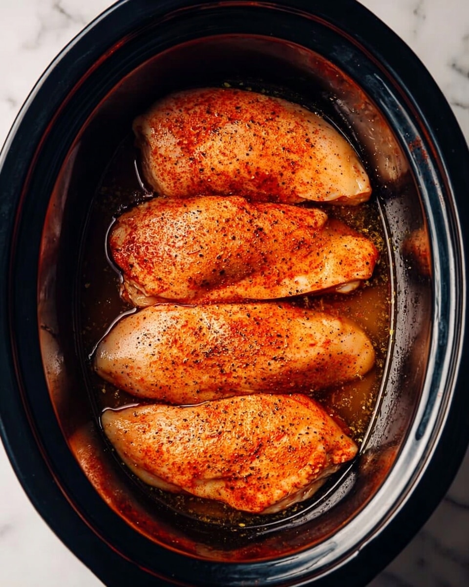 The image shows four raw chicken pieces in a slow cooker filled with liquid. The chicken pieces are arranged in a single layer, side by side, each with a reddish seasoning powder sprinkled on top giving them a warm orange-red color with specks of black spices. The slow cooker is black inside with shiny, smooth edges and the chicken looks moist from the liquid at the bottom. The background is a white marbled texture photo taken with an iphone --ar 4:5 --v 7