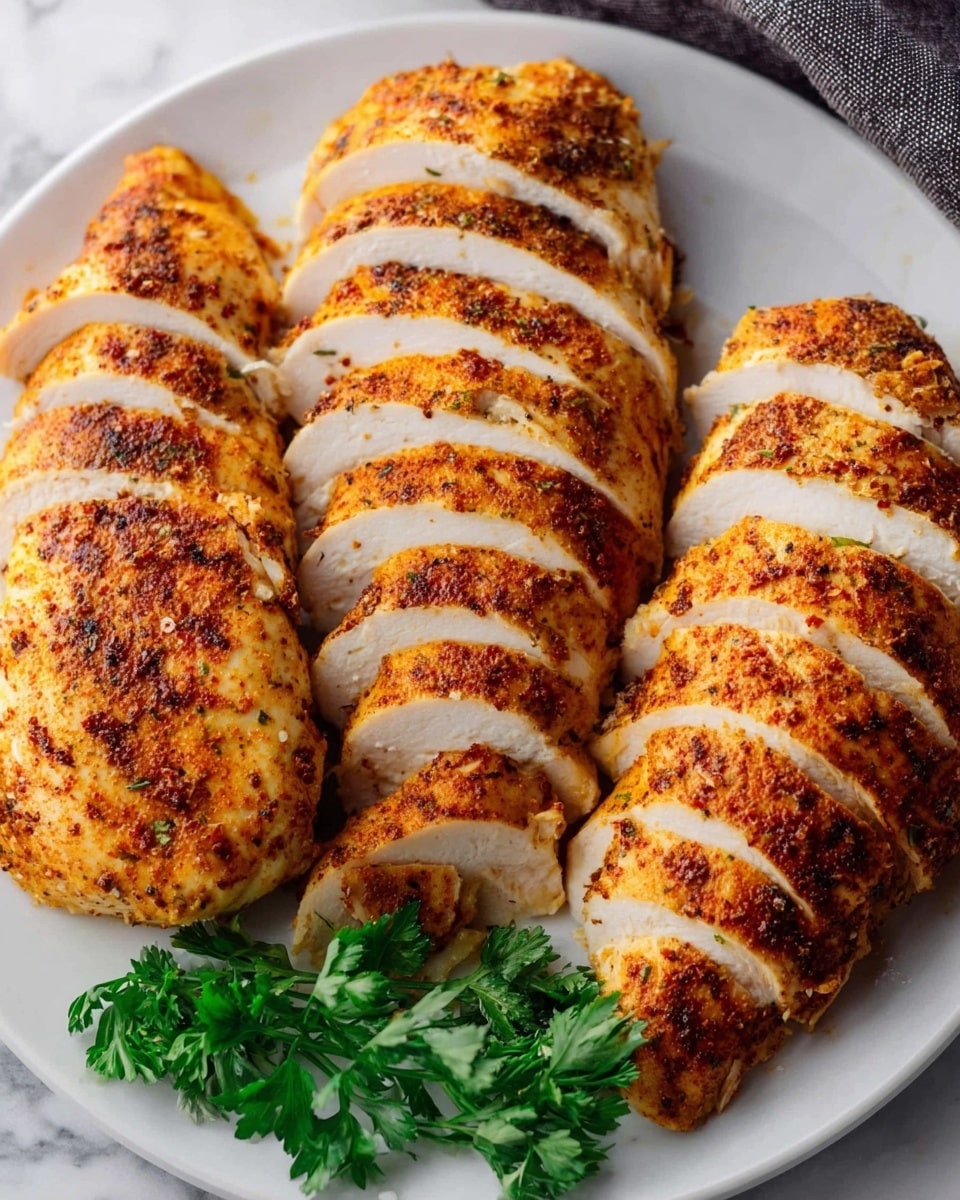 Four sliced cooked chicken pieces are arranged side by side on a white plate. Each chicken piece is sliced evenly, showing the white inside and a brown, spiced crust on the outside with a rough texture. The chicken has a golden-brown color with reddish seasoning sprinkled on top. At the bottom of the plate, a small bunch of green parsley adds a fresh touch. The plate sits on a white marbled surface with a bit of a dark cloth seen in the corner. Photo taken with an iphone --ar 4:5 --v 7