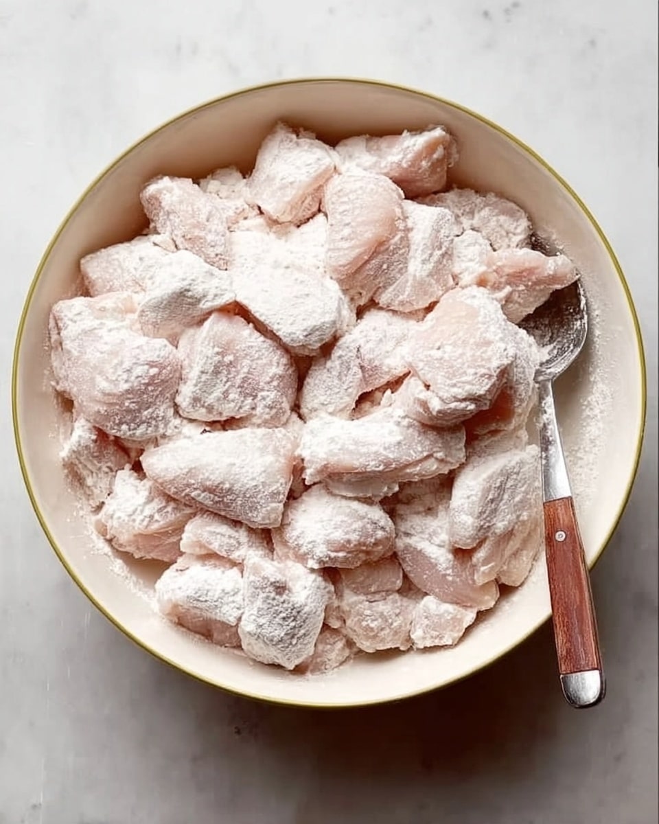 The image shows a white bowl filled with many pieces of raw chicken covered in white flour. The chicken pieces are light pink, roughly cut, and layered unevenly, with flour scattered over the top and between the pieces. A metal spoon with a wooden handle is on the right side, resting inside the bowl. The bowl is placed on a white marbled surface. photo taken with an iphone --ar 4:5 --v 7