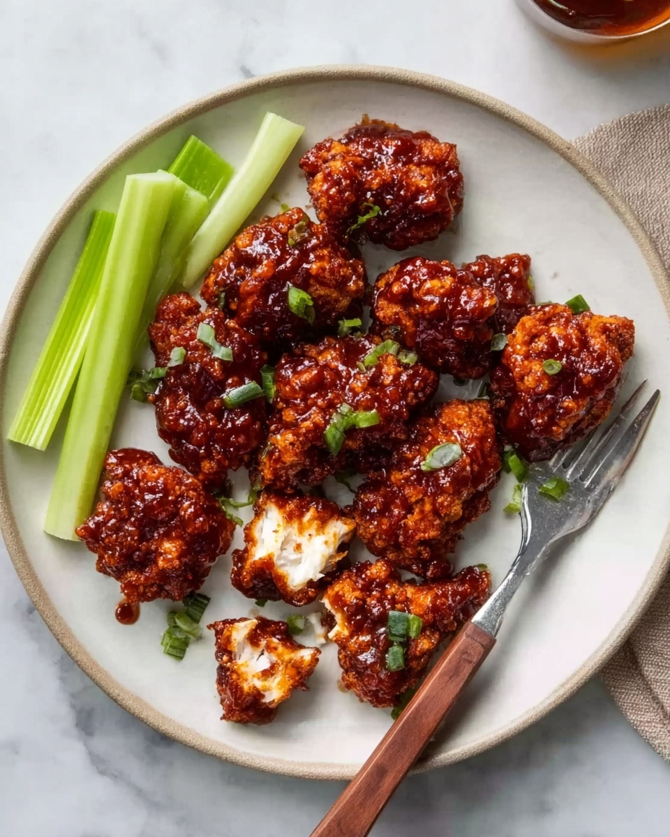 A white round plate holds nine pieces of crispy fried chicken coated in shiny dark reddish-brown sauce, with small green herb bits scattered on top. The chicken pieces have a crunchy, textured coating with the inside soft and white, as shown by one piece with a bite taken out. On the left side of the plate, there are two fresh light green celery sticks. A silver fork with a wooden handle rests on the right side of the plate, with a woman's hand holding the plate from the bottom. The plate sits on a white marbled textured surface. photo taken with an iphone --ar 4:5 --v 7
