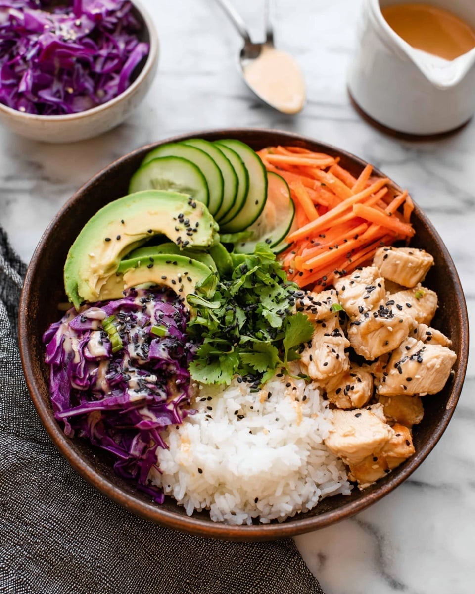 This dish shows a brown bowl filled with six main layers arranged side by side. Starting from the bottom right, there is a mound of white rice with a few drops of light sauce on top. To the left of the rice is a pile of shiny purple cabbage pieces also drizzled with sauce. Above the cabbage, there are thin slices of green cucumber arranged in a fan shape, with sauce and a few black sesame seeds sprinkled on top. Next to the cucumber is a small bunch of chopped green herbs. Above this, thin, bright orange carrot sticks are placed in a pile with some light sauce and black sesame seeds scattered over them. To the right of the carrots, chunks of cooked light brown chicken sit, coated lightly in sauce and sprinkled with black sesame seeds. Alongside the chicken are three slices of fresh green avocado, with a small bunch of leafy cilantro resting on top. In the background, a white marbled surface is visible, with a small white bowl of purple cabbage and a white sauce container with a spoon nearby. Photo taken with an iphone --ar 4:5 --v 7