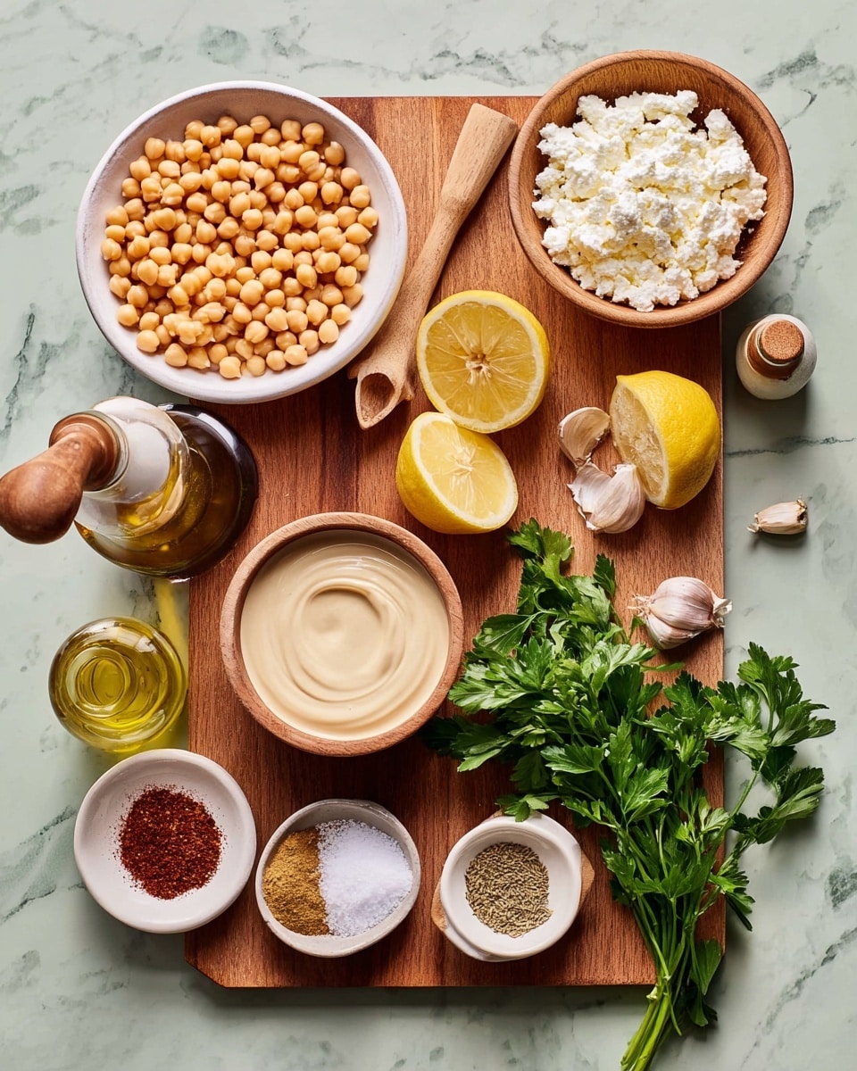 The image shows a wooden cutting board set on a white marbled surface, filled with various ingredients neatly arranged. At the top left, there is a white bowl full of light brown chickpeas, next to a white bowl with creamy cottage cheese. On the right side of the board, a wooden bowl holds two lemon halves with a wooden citrus reamer resting on top. Fresh green parsley is laid out to the right of the lemon bowl, adding a bright splash of color. Below the lemons and parsley is a small dish of smooth tahini sauce. Around the board are small containers with salt, ground spices in brown and red shades, two peeled garlic cloves, and a small bottle of olive oil. A woman's hand is not visible here, but the arrangement gives a clean, fresh look with natural colors and textures. photo taken with an iphone --ar 4:5 --v 7