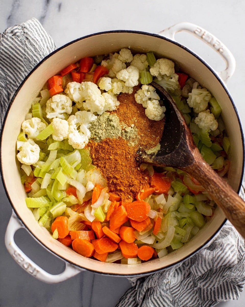 The image shows a white pot filled with several layers of ingredients. The bottom layer has soft, light green celery pieces and bright orange carrot slices, mixed with translucent white onion pieces. On top of this base, there is a cluster of small, off-white cauliflower pieces, and beside them, there are two piles of brown and orange colored ground spices. A worn, dark wooden spoon rests inside the pot, partially buried under the vegetables and spices. The pot sits on a white marbled surface, and there is a folded striped kitchen towel nearby. photo taken with an iphone --ar 4:5 --v 7