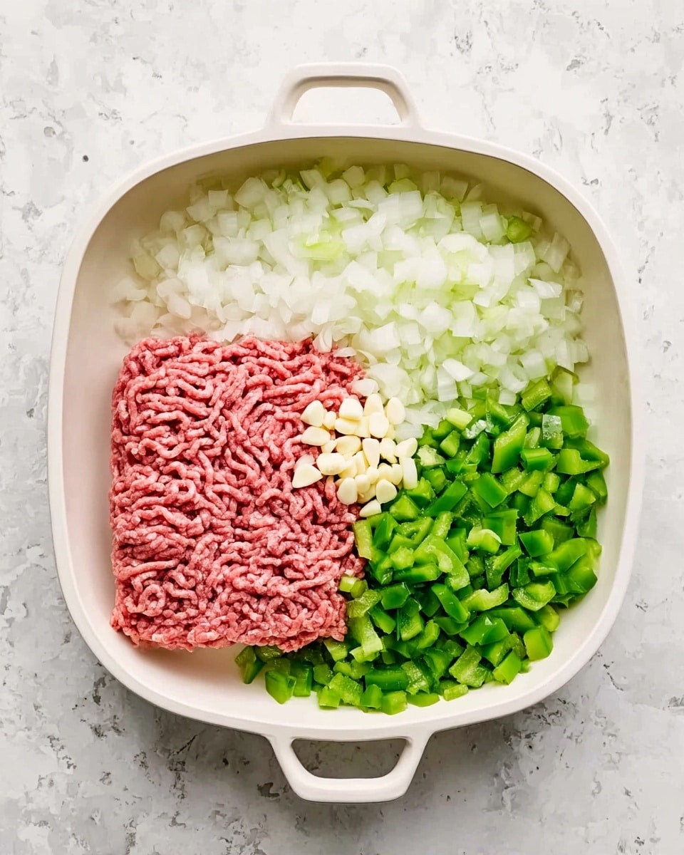A white pan filled with four main ingredients arranged in separate sections: a large square of raw pink ground meat at the bottom left, finely chopped white onions at the top left, bright green diced bell peppers at the right side, and small pieces of garlic placed on top of the ground meat. The pan is placed on a white marbled textured surface. photo taken with an iphone --ar 4:5 --v 7