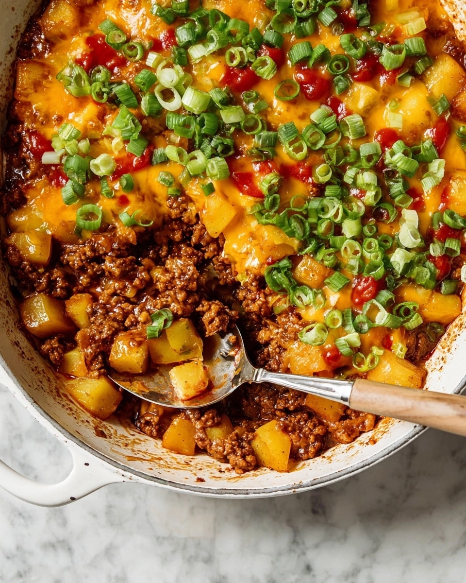 A white pan filled with a colorful dish showing three main layers: the bottom layer is a rich brown ground meat sauce mixed with diced yellow potatoes; the middle layer is melted yellow-orange cheese spread unevenly over the meat and potatoes; the top layer is garnished with bright green chopped scallions and scattered red sauce drops. A metal spoon with a wooden handle is partially scooping the mixture, lifting a portion showcasing all layers together. The pan is placed on a white marbled surface. photo taken with an iphone --ar 4:5 --v 7