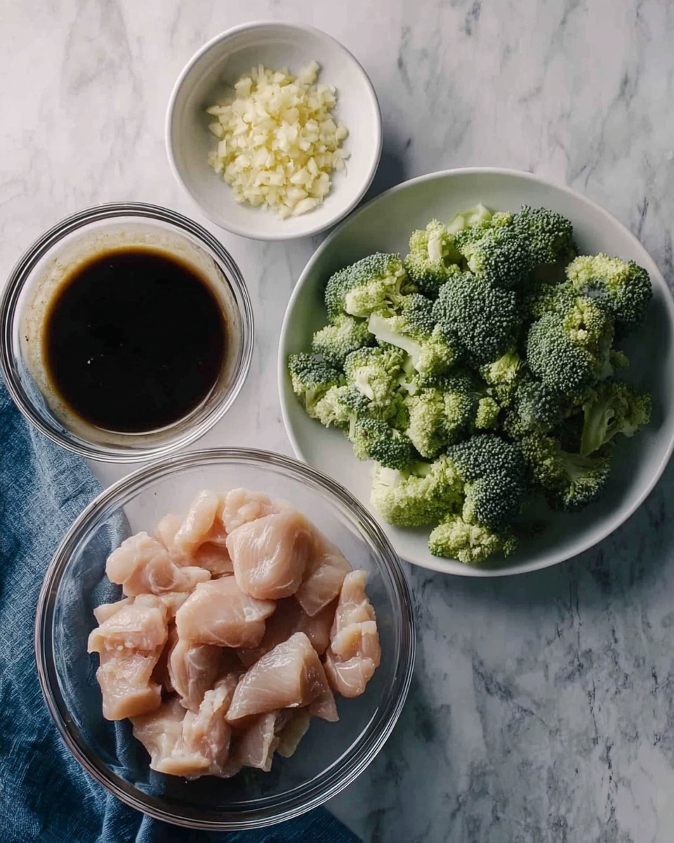The image shows four clear bowls with different ingredients on a white marbled surface. The largest bowl at the bottom center holds raw light pink sliced chicken pieces with a smooth texture. To the right, a white plate has green broccoli florets with a fresh and bumpy look. Above the chicken bowl is a small clear bowl containing finely chopped garlic, pale yellow and slightly moist. To the left is another small white bowl filled with a dark brown liquid sauce that looks smooth and shiny. A blue cloth is partly visible under the broccoli plate. Photo taken with an iphone --ar 4:5 --v 7