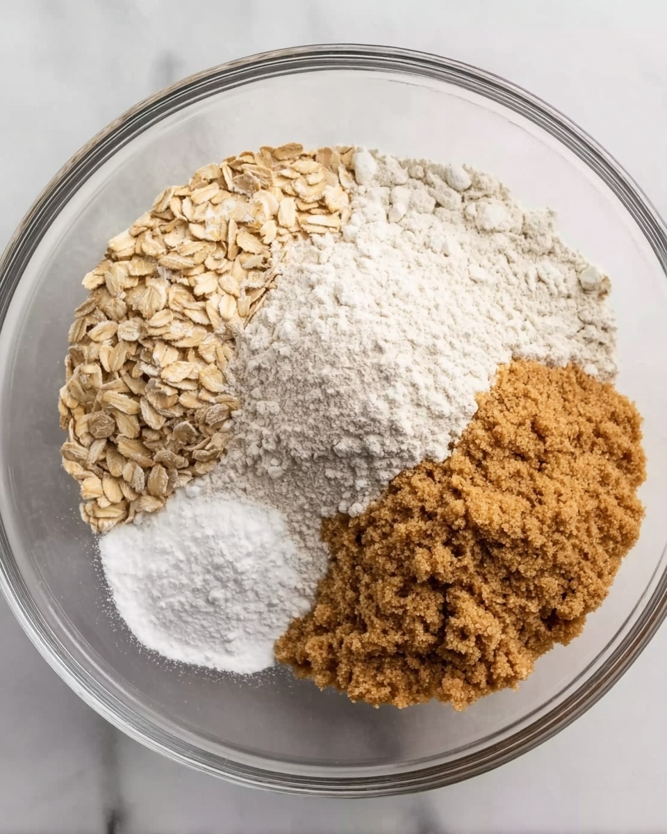 A clear glass bowl sitting on a white marbled surface holds four separate piles of dry ingredients arranged side by side. At the top right, there is a mound of fine white flour with a smooth and slightly fluffy texture. To the left of the flour, there are light beige rolled oats with a flat, slightly rough texture. Below the oats, a small white powdery pile of baking soda is partly visible between the oats and flour. At the bottom right, there is a rich light brown pile of packed brown sugar with a grainy texture. The ingredients are clean and distinct, filling less than half the bowl’s space. Photo taken with an iphone --ar 4:5 --v 7