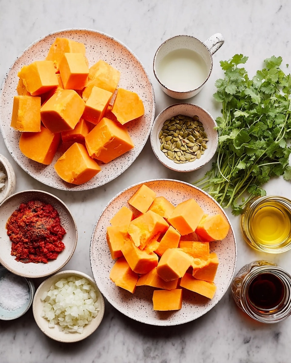 The image shows two white speckled plates, each filled with large chunks of orange squash. Surrounding them are small white bowls holding different ingredients: pumpkin seeds, red paste, minced garlic, chopped onions, crushed garlic, salt, and a dark liquid. To the side, there is a bunch of fresh green cilantro, a glass mug of white liquid, a small bowl of olive oil, and a jar with a golden liquid. The background is a white marbled surface. photo taken with an iphone --ar 4:5 --v 7
