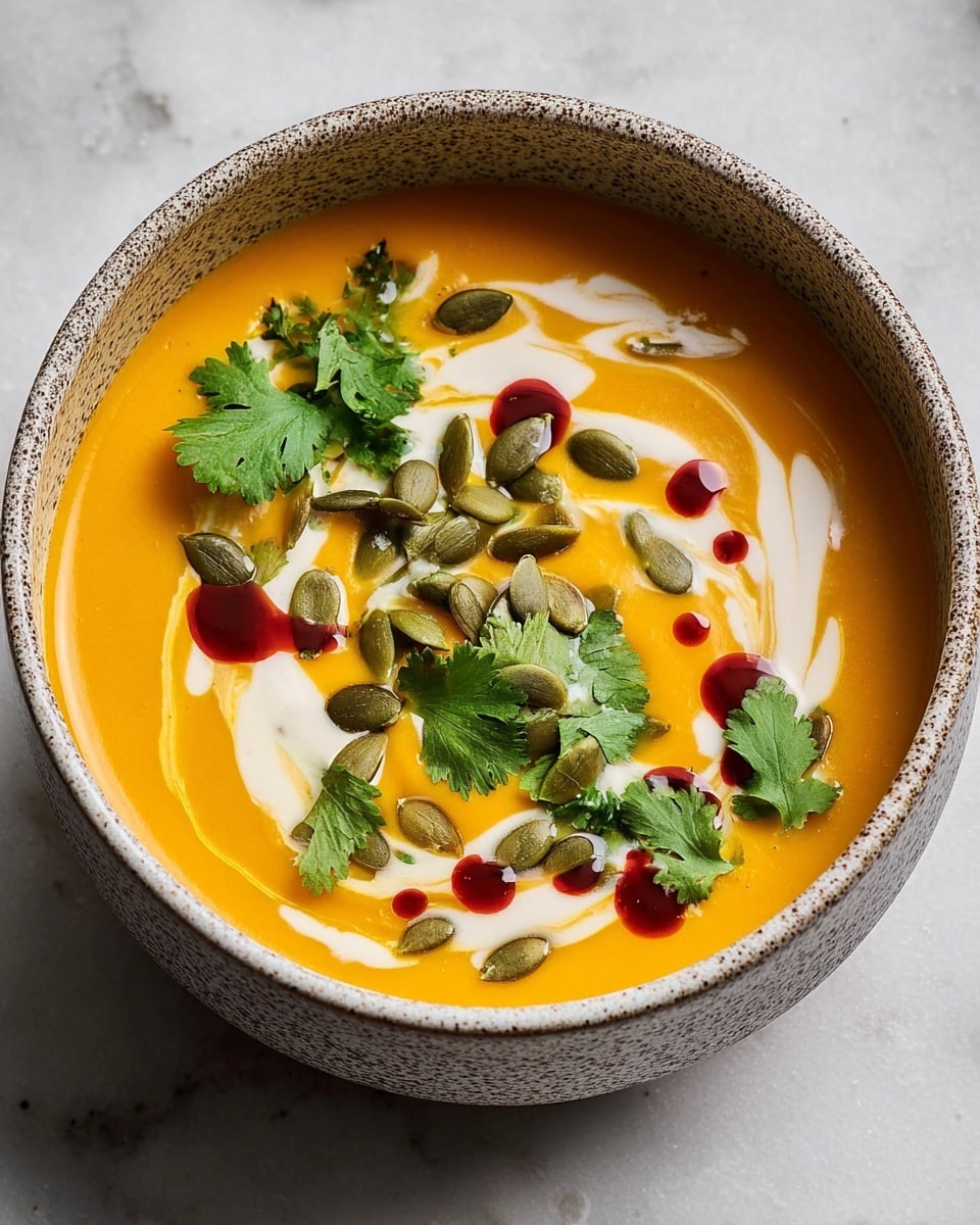 A bowl filled with smooth orange soup forms the base layer, topped with swirls of white cream creating a soft pattern across the surface. Scattered on top are medium green pumpkin seeds and bright green fresh cilantro leaves, adding texture and color. Small droplets and patches of a deep red sauce are spread among the cream swirls, giving a pop of contrast. The bowl is textured with a gray and off-white speckled pattern, and it sits on a white marbled surface. photo taken with an iphone --ar 4:5 --v 7