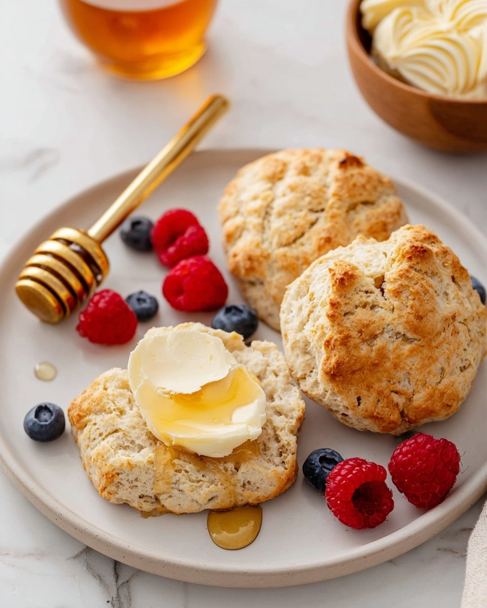 A white plate holds three round, golden-brown scones with a rough, crumbly texture. One scone is split open and topped with a dollop of smooth, pale yellow butter and a drizzle of honey that glistens. Scattered around the scones are fresh raspberries and blueberries, adding bright red and deep blue colors. A gold honey dipper with honey is placed next to the open scone. In the background, there is a small wooden bowl filled with swirled butter pats. The whole setup is on a white marbled surface. photo taken with an iphone --ar 4:5 --v 7