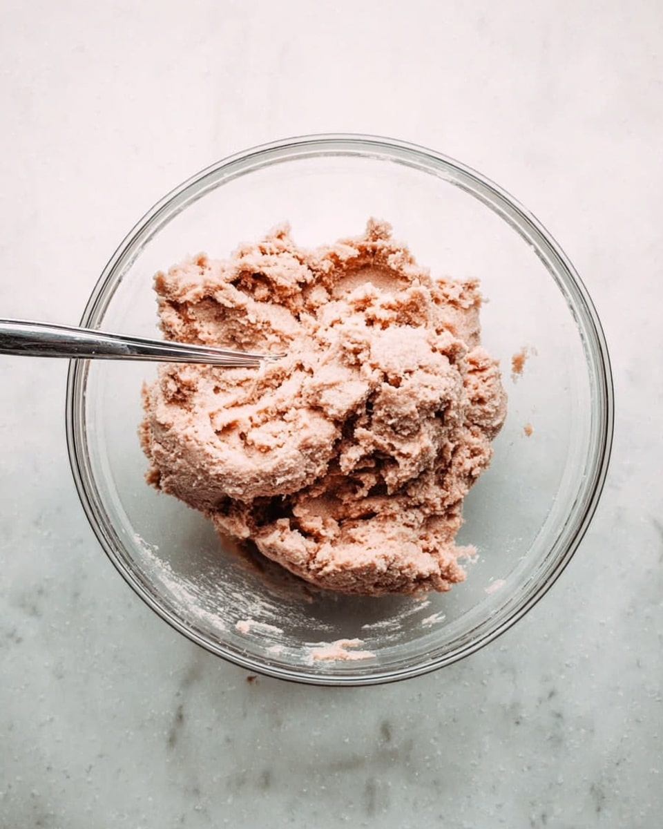 In a clear glass bowl placed on a white marbled surface, there is a large mound of light pinkish-brown dough with a somewhat rough and uneven texture. A silver spoon is inserted into the dough on the top left side. The dough appears soft yet dense, showing some small lumps and clumps around the edges inside the bowl. Photo taken with an iphone --ar 4:5 --v 7