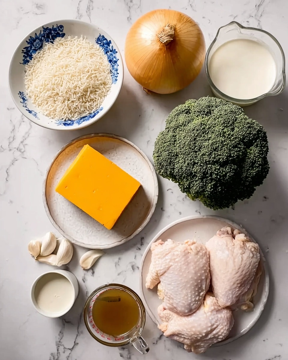 The image shows several cooking ingredients arranged on a white marbled surface. In the top left corner, a white bowl with blue floral accents holds white rice. Below it, a white plate holds a solid block of bright orange cheddar cheese. In the center, there is a whole yellow onion next to a large, dense head of green broccoli. To the right of the onion and broccoli, a white plate contains two large raw chicken pieces with a pale pink tone. Below the broccoli are small white containers filled with cream and a glass measuring cup filled with brown broth. Three cloves of garlic are placed near the chicken. The photo taken with an iphone --ar 4:5 --v 7