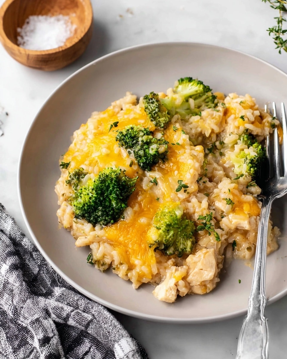 The dish is served on a white plate and has three main layers: at the bottom, there is a soft, light brown rice mixed with small pieces of chicken; in the middle are bright green broccoli florets scattered throughout; the top layer is melted, golden-yellow cheese covering parts of the rice and broccoli, with a few small herb leaves sprinkled on top. A silver fork is placed on the right side of the plate, slightly digging into the food. The scene is set on a white marbled surface with a small wooden bowl filled with coarse salt in the background and a checkered cloth partly visible in the foreground. Photo taken with an iphone --ar 4:5 --v 7