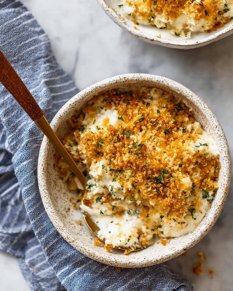 A close-up view of a round white bowl with speckled details filled with a creamy dish topped with a crumbly golden brown layer mixed with small green herbs, creating a textured surface. The creamy layer beneath is white, soft, and slightly fluffy, visible in uneven patches under the crispy topping. A spoon with a wooden handle rests inside the bowl, partially covered by the topping. The bowl sits on a white marbled surface with a blue-striped cloth beside it, and there is another white speckled dish partially visible in the upper part of the image containing the same layered food. Photo taken with an iphone --ar 4:5 --v 7
