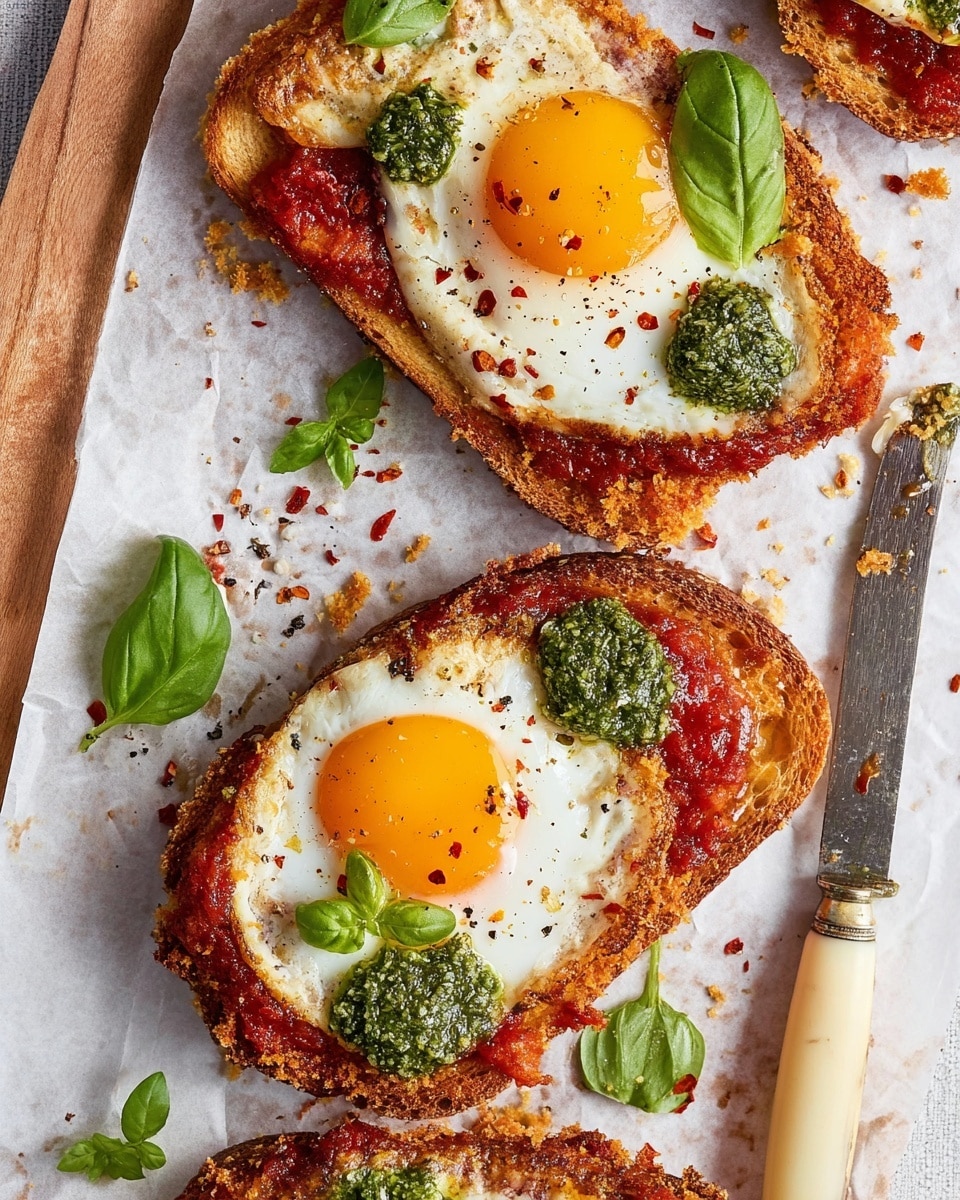 The image shows three open-faced toast pieces on white parchment over a white marbled surface. Each toast has a browned, crispy golden base. The first layer is a spread of chunky red tomato sauce, topped with a fried sunny-side-up egg with bright yellow yolk and crispy white edges. There are dollops of dark green pesto on top of the eggs and scattered around. Small fresh green basil leaves garnish each piece, and there are visible crushed red pepper flakes and black pepper sprinkled over. A silver knife with a cream handle rests to the side beside more small basil leaves. Photo taken with an iphone --ar 4:5 --v 7