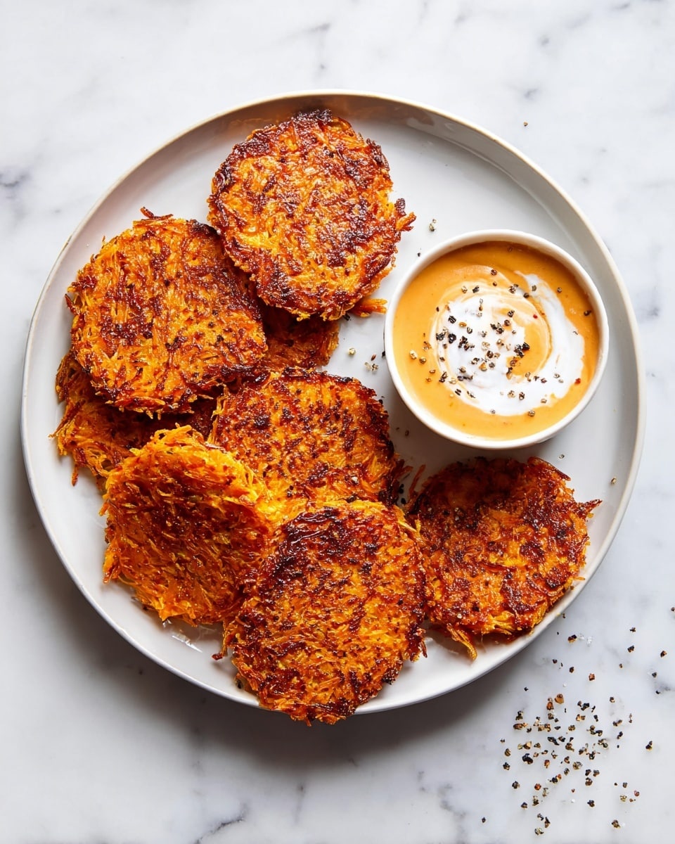 The image shows a white plate with seven round, crispy, deep orange patties arranged in a slight pile with some overlapping. The patties have a textured surface with strands and small pieces visible, and they appear golden brown on the edges with a crunchy look. On the right side of the plate, there is a small white bowl filled with a creamy orange sauce swirled with white cream and topped with black pepper. The plate is set on a white marbled surface with a few scattered black pepper flakes around it. photo taken with an iphone --ar 4:5 --v 7