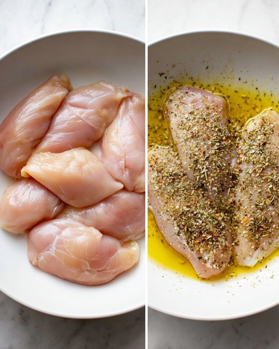 The image shows two side-by-side photos of raw chicken pieces in a white bowl placed on a white marbled surface. The left photo has five smooth, pale pink raw chicken pieces arranged closely together with some visible light veins and fat. The right photo shows the same chicken pieces now covered with yellow olive oil and sprinkled with coarse light brown dried herbs and seasoning on top, giving a textured look. The bowl and its contents fill the frame with natural lighting highlighting the moistness and freshness of the chicken. Photo taken with an iphone --ar 4:5 --v 7
