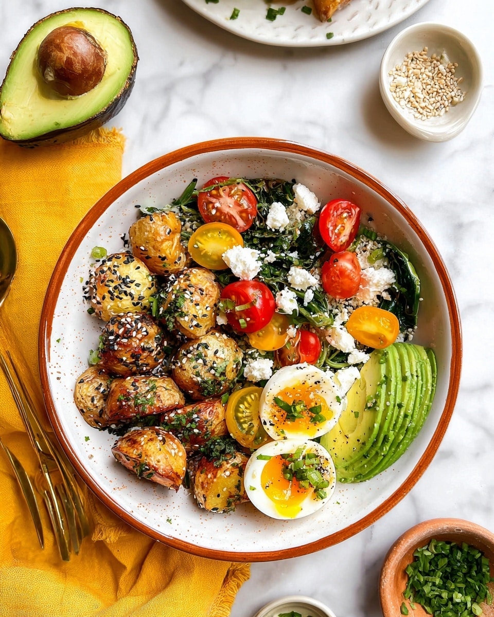A white bowl with a thin brown rim holds a colorful food arrangement, starting with roasted golden-brown potato pieces on the left bottom side topped with black and white sesame seeds. Next to the potatoes are two halves of a soft-boiled egg with bright yellow yolks sprinkled lightly with green herbs. Above the egg and potatoes is a fan of sliced green avocado. At the top center and right side of the bowl are fresh green spinach leaves mixed with halved red and yellow cherry tomatoes and sprinkled with small white crumbles of cheese. The bowl sits on a white marbled background with a yellow cloth on the bottom left and small bowls of chopped chives and sesame seeds surrounding it. A halved avocado sits on a white plate in the upper left corner. Photo taken with an iphone --ar 4:5 --v 7