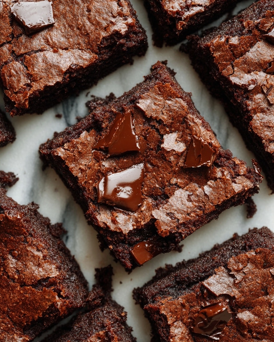 The image shows several square brownies placed closely together on a white marbled surface. Each brownie has a dark brown, slightly cracked top layer with small, glossy, melted chocolate chunks scattered unevenly across the surface. The texture of the brownies looks dense and moist, with a crumbly darker brown edge visible where the squares meet. The melted chocolate pieces are shiny and slightly irregular in shape, adding a rich and glossy contrast to the matte brownie base. photo taken with an iphone --ar 4:5 --v 7